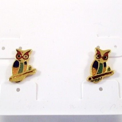 Vintage Gold Tone Owl Earrings with Multicolor Inlay