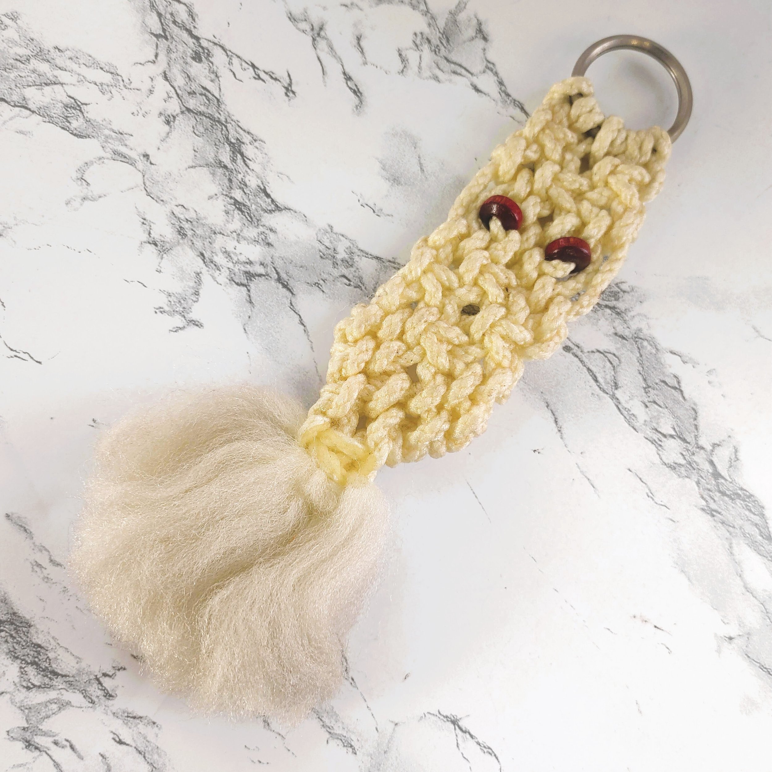 Vintage 1970s Macrame Owl Keychain Off White