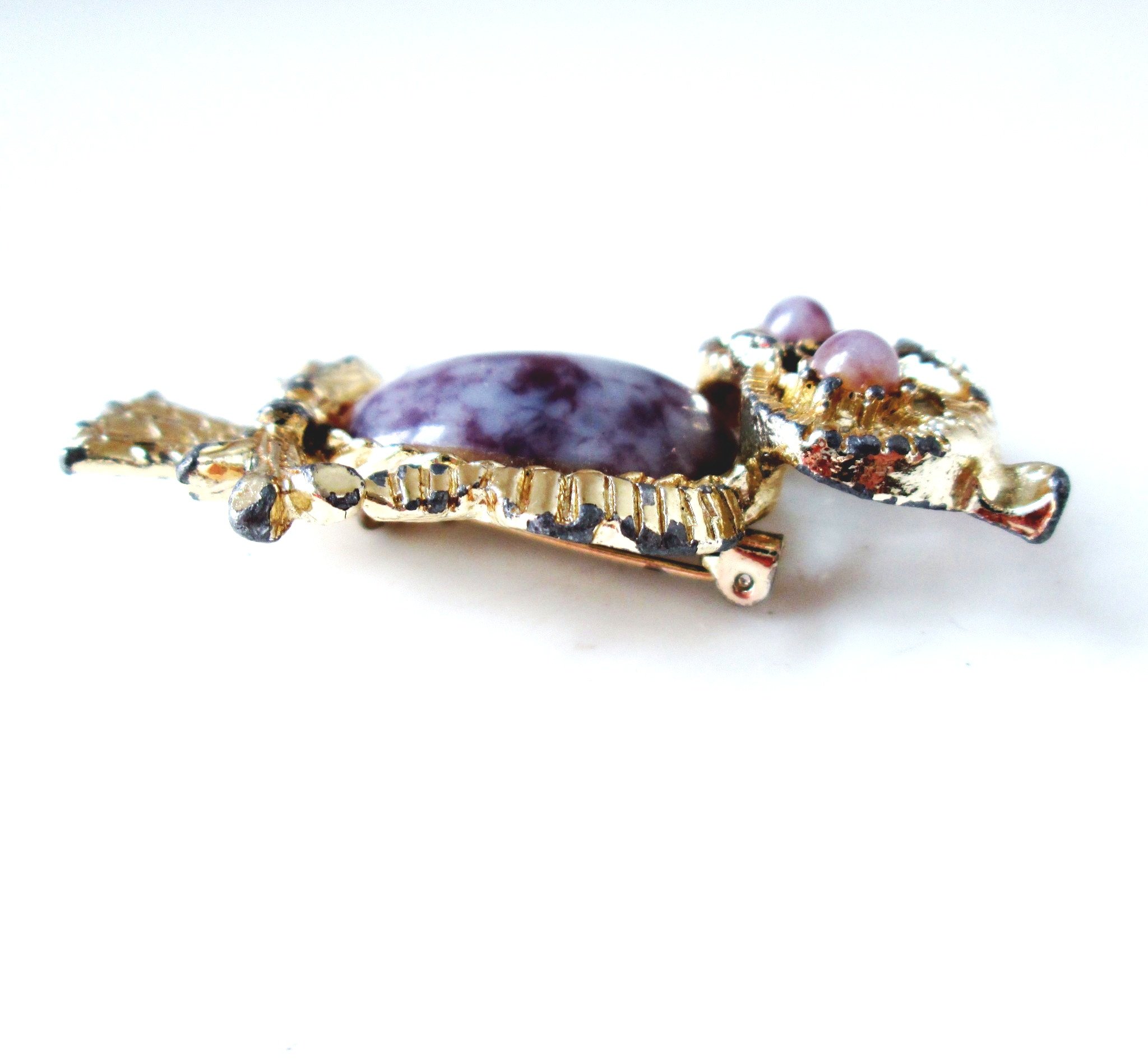 Vintage Owl Brooch Pendant by Gerry's with Purple Faux Gemstone