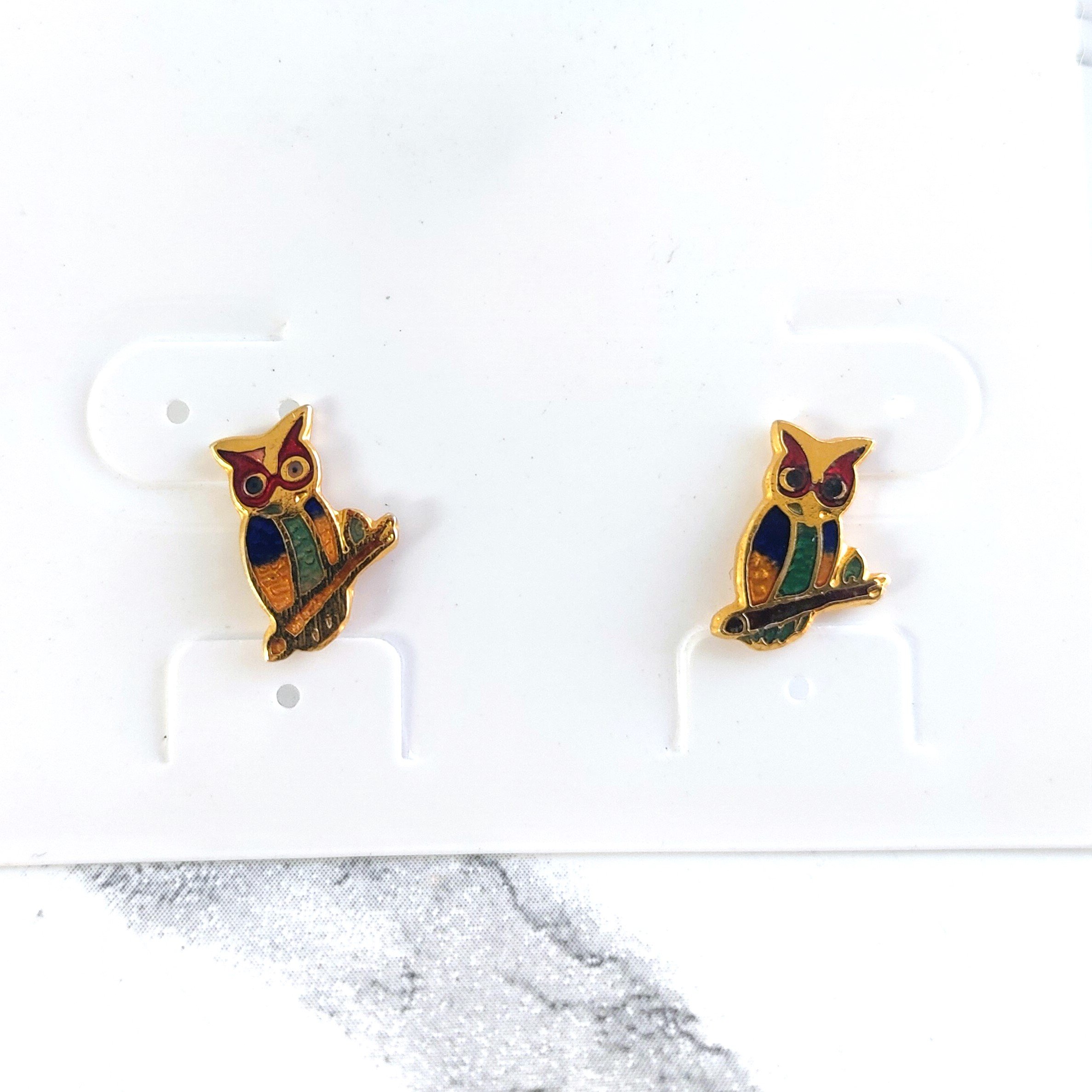 Vintage Gold Tone Owl Earrings with Multicolor Inlay