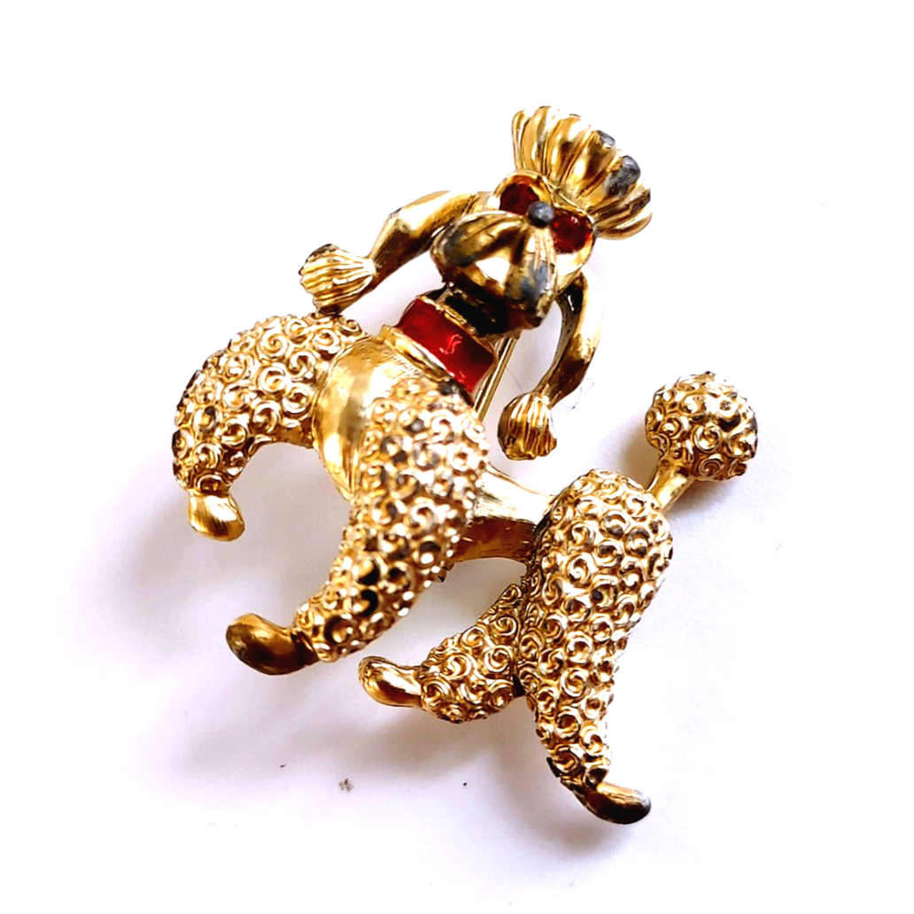 Vintage 1950s Poodle Dog Brooch Gold Tone Red Rhinestone Eyes & Collar