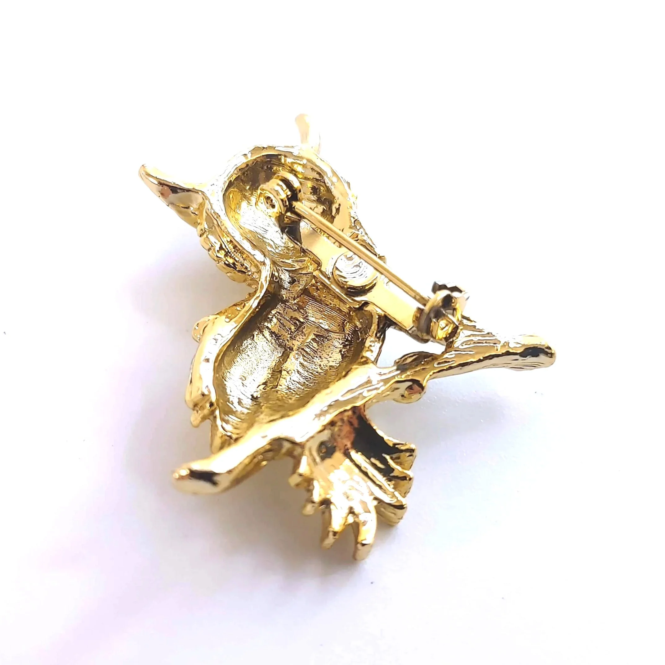 Vintage Gold Tone Horned Owl Brooch - Green Rhinestone Eyes
