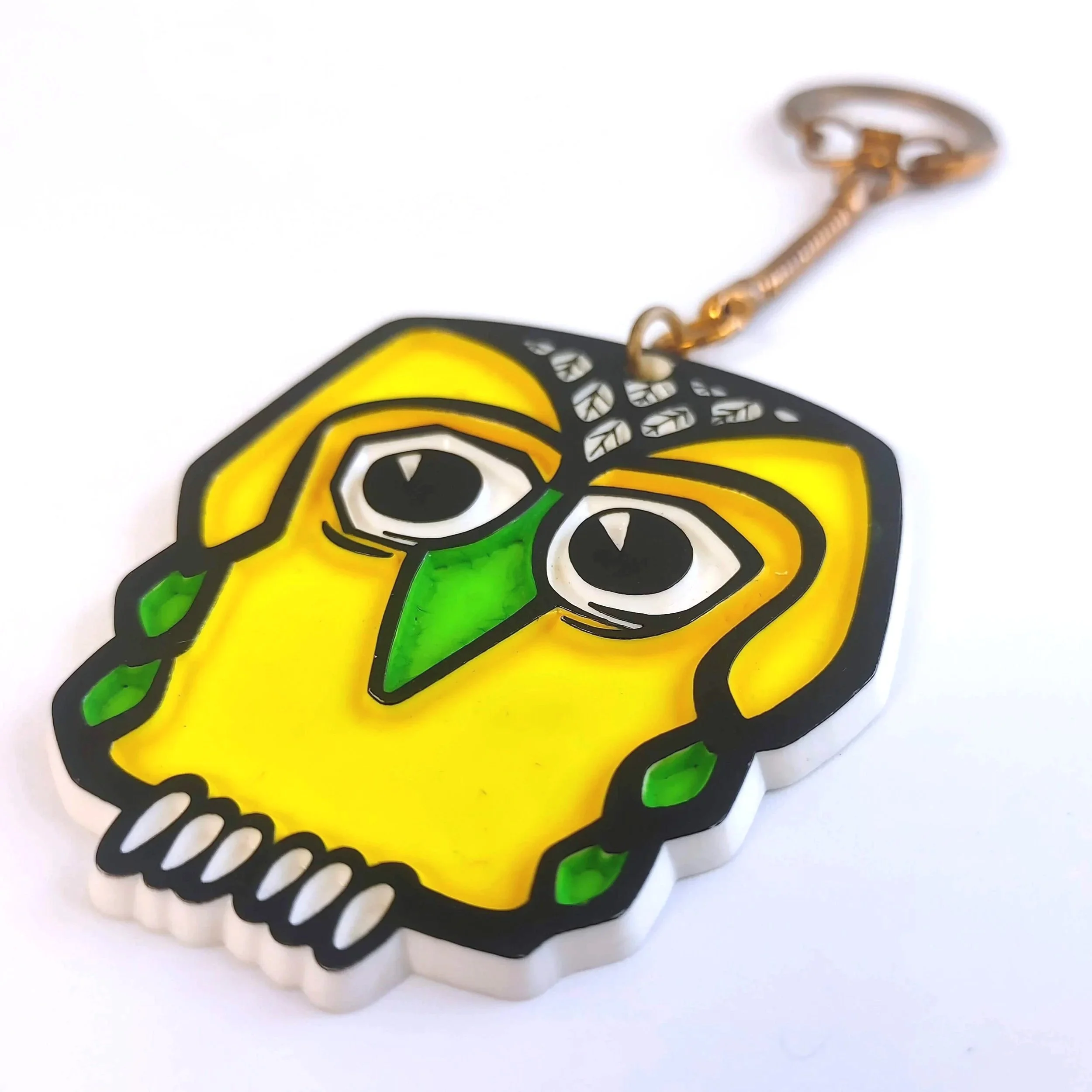 Vintage Plastic Owl Keychain in Yellow and Green