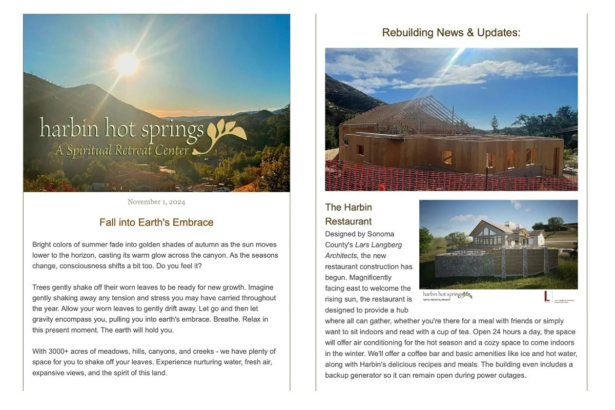 Exciting news! Harbin Hot Springs @harbin_hot_springs recently featured us in their newsletter, showcasing the restaurant we designed which is now coming to life. Our Sebastopol and Denver teams had the chance to visit the site during a recent retrea