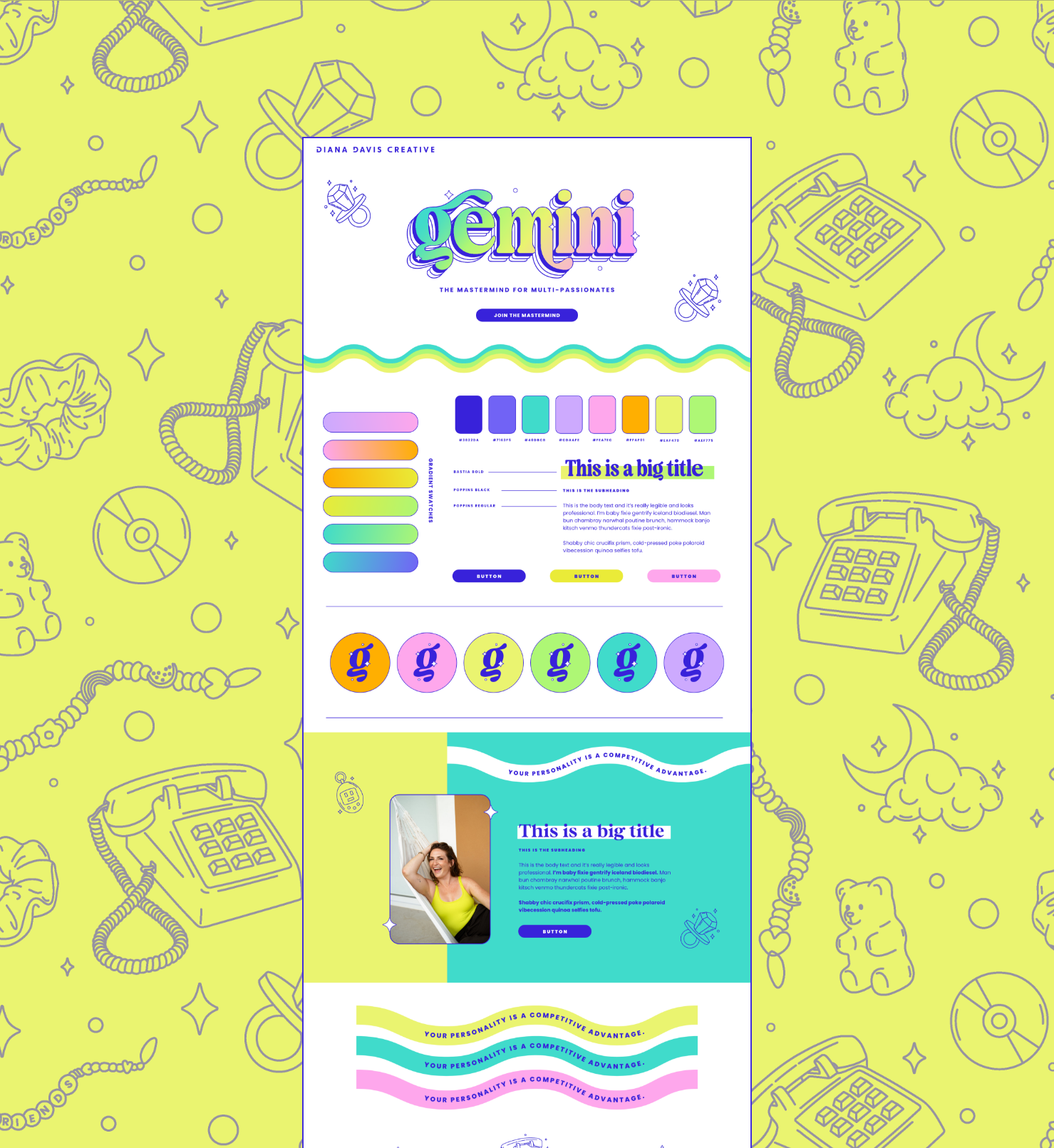 Bright yellow background with blue line art illustrations of teddy bears, telephones, clouds, moons, and jewelry. In the center, a colorful infographic with text and graphics related to a creative brand called Gemini, featuring pastel and vibrant colors, a big title, subheadings, buttons, and icons.