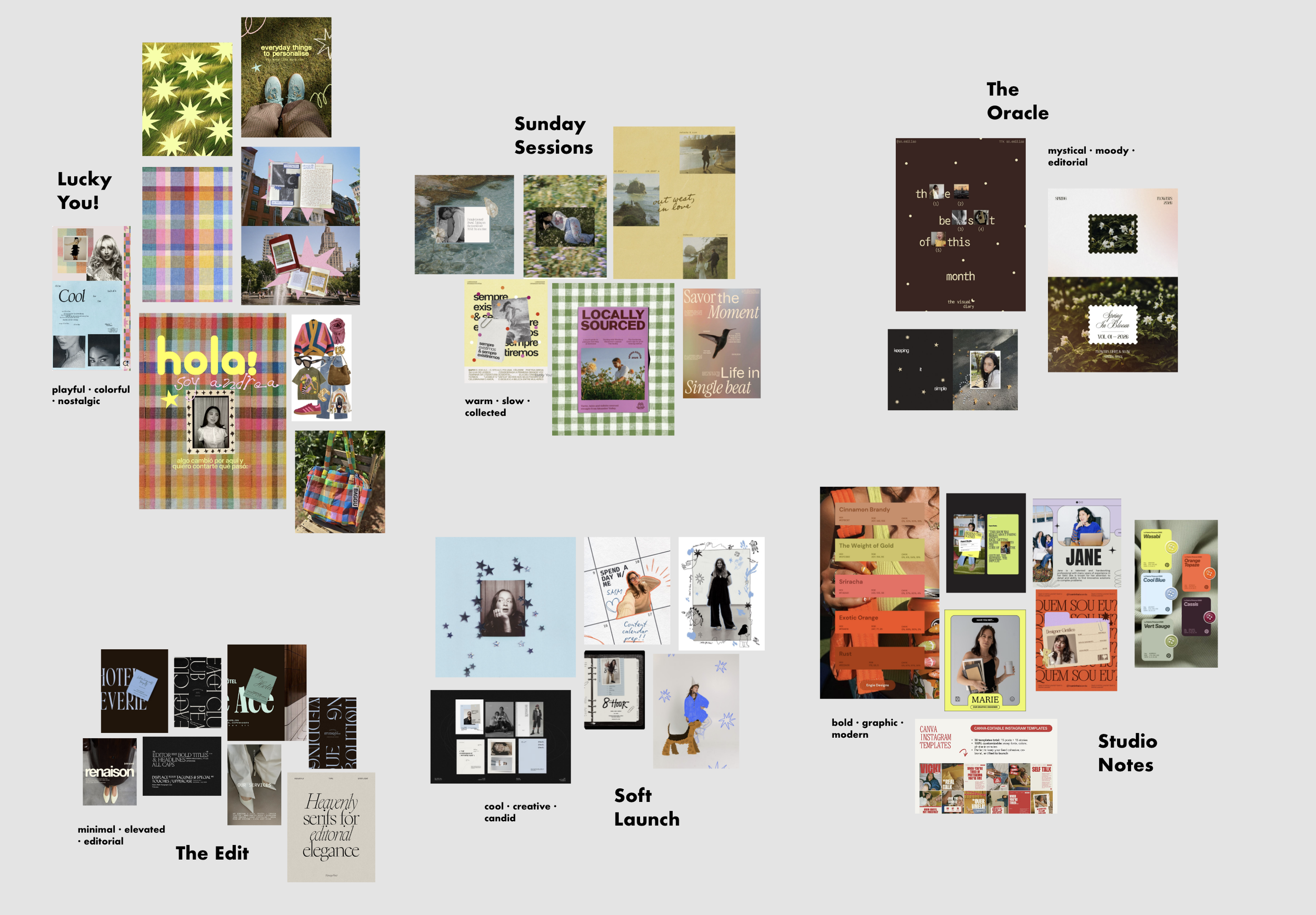 A digital collage of various magazine covers, design layouts, and creative content categorized under themes such as Lucky You!, Sunday Sessions, The Oracle, Studio Notes, The Edit, Soft Launch, and others, showcasing diverse styles in graphic design, photography, and editorial work.