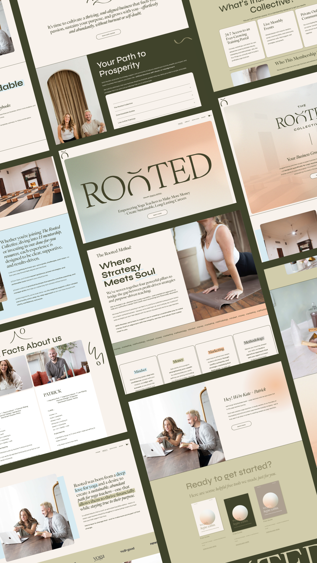 Collage of website homepage designs for The Rooted Collective, featuring sections about prosperity, membership benefits, yoga classes, facts about founders, and motivational content, with images of people and calming color schemes.