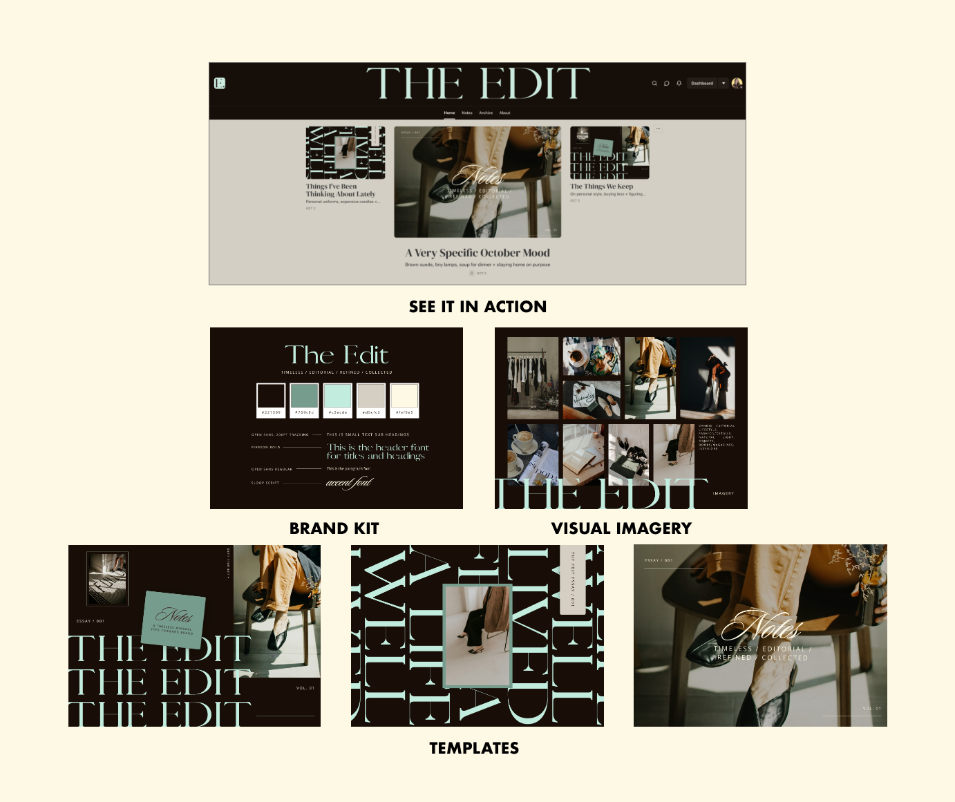 A webpage showcasing a brand called "The Edit" with sections for brand kit, visual imagery, and templates. It features images of fashion, design, and editorial content.