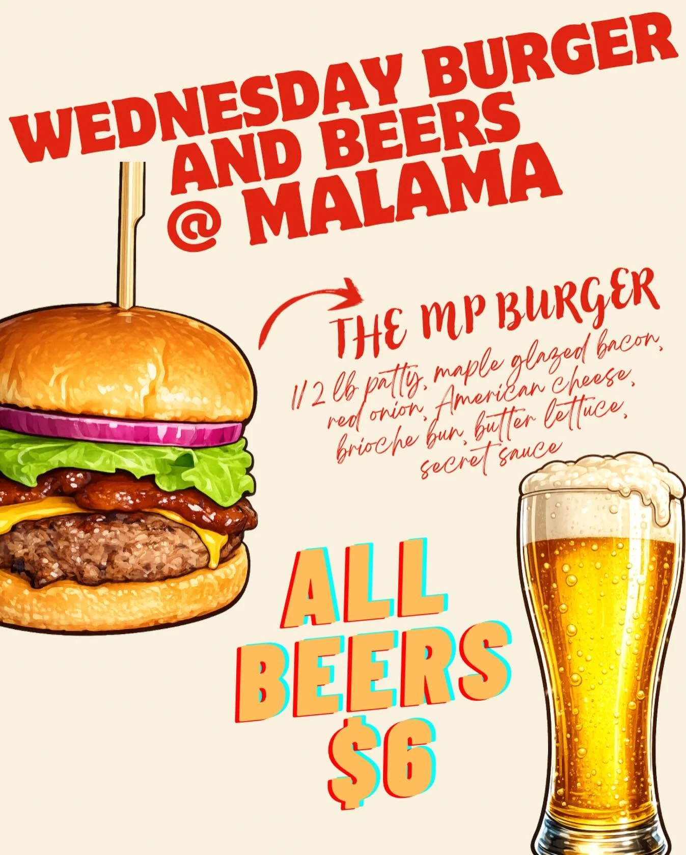 🍔🍺 WEDNESDAY BURGERS &amp; BEER @ MALAMA 🍺🍔

By popular demand&hellip; our MP Burger is back and only available on Wednesdays! Also pair that burger with any of our 12 beers on tap for only $6 !!! 🍻🍻🍻

🔥 Our MP Burger features:
🥩 &frac12; lb