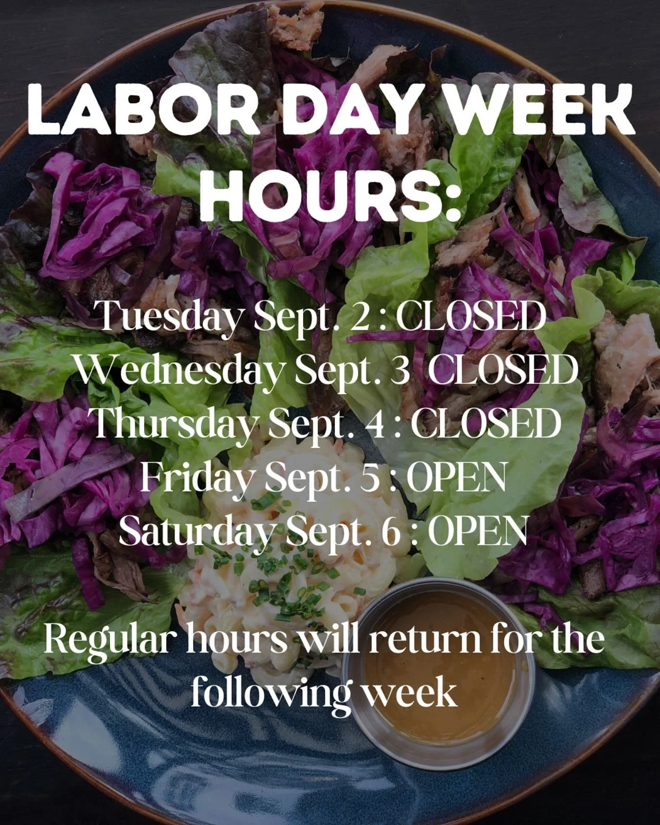 We will have an amended schedule next week for the Labor Day holiday to give our staff a much needed vacation. We will be back next Friday. Hope to see you then! Stay safe &amp; stay cool. Mahalo! 😎🤙
