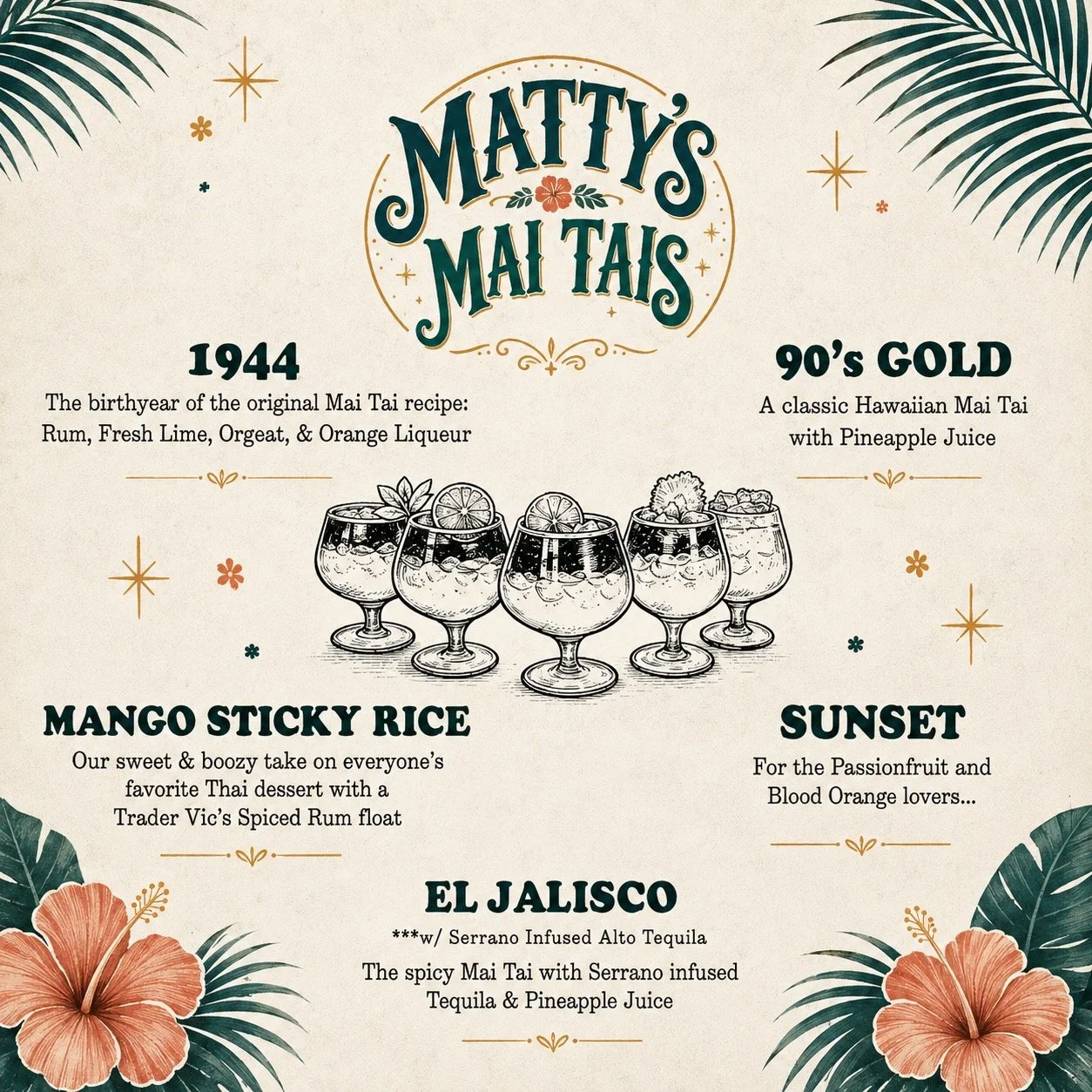 🍹✨ PART 2 IS HERE ✨🍹

Introducing Matty&rsquo;s Mai Tai Menu 🌺🌴💥

Now that the liquor license is officially LIVE&hellip; we had to bring the island vibes ALL the way in 😏☀️

Meet the newest members of the cocktail fam &mdash; 5 brand new Mai Ta