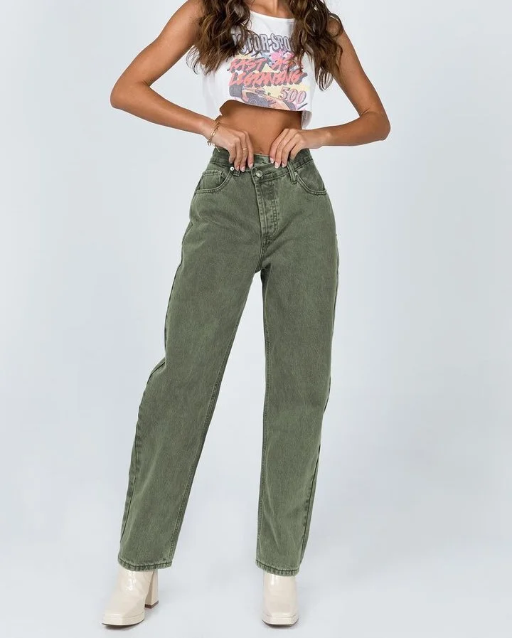 Holly Asymmetric Straight Leg Jean Green Denim