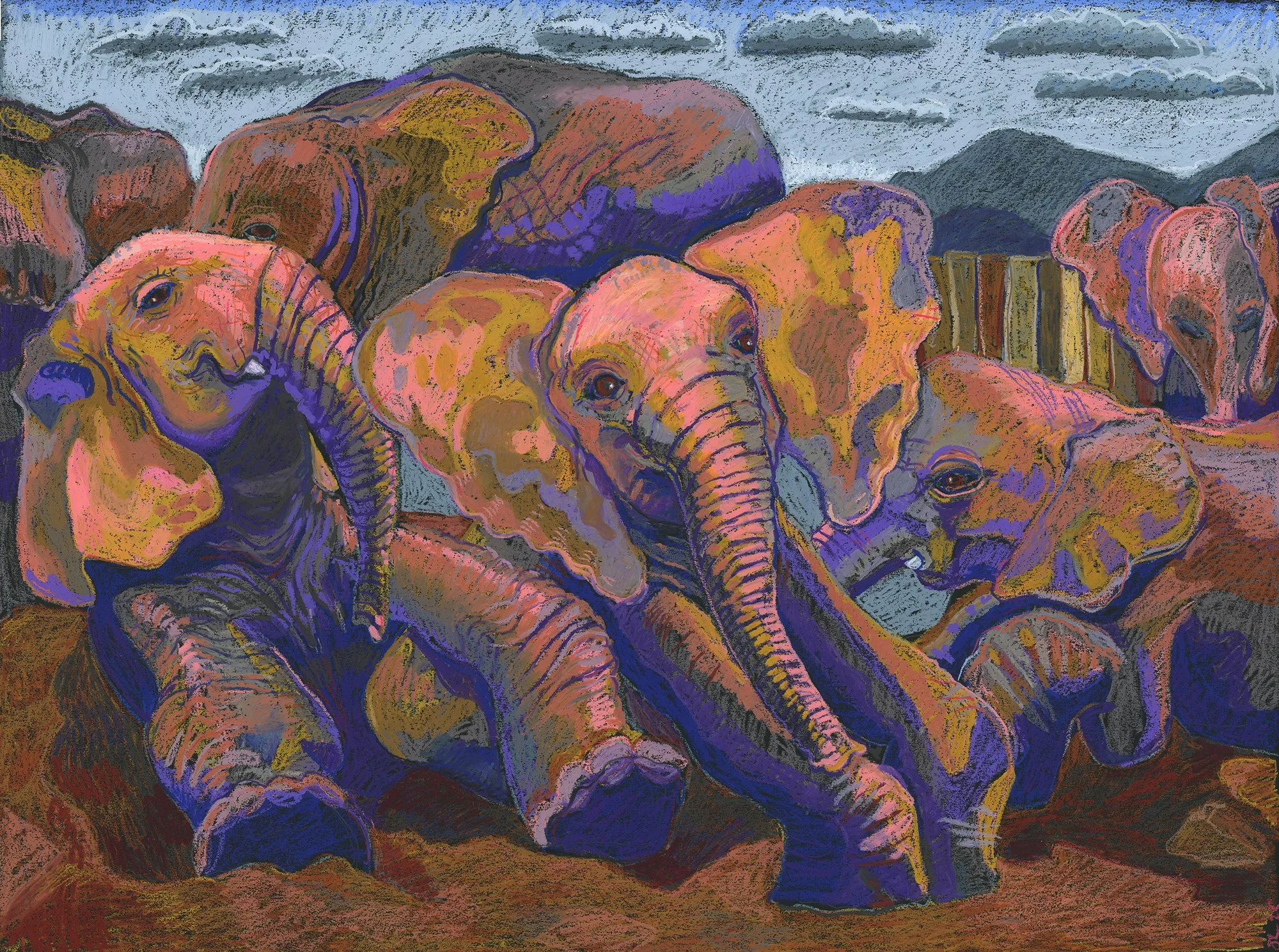 Colorful oil pastel painting of African elephants moving together, with overlapping forms and expressive texture.