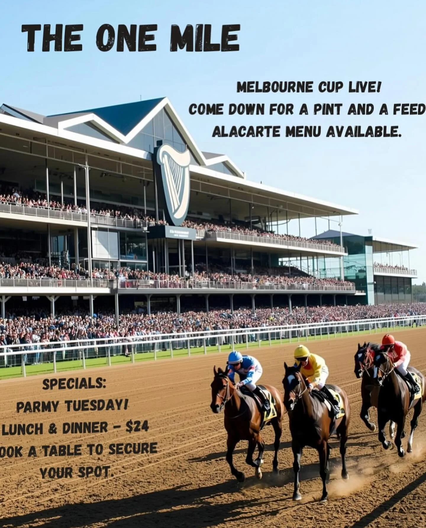 Melbourne Cup will be live on all TV&rsquo;s this Tuesday! Book a table to secure your spot 🍻 🐎