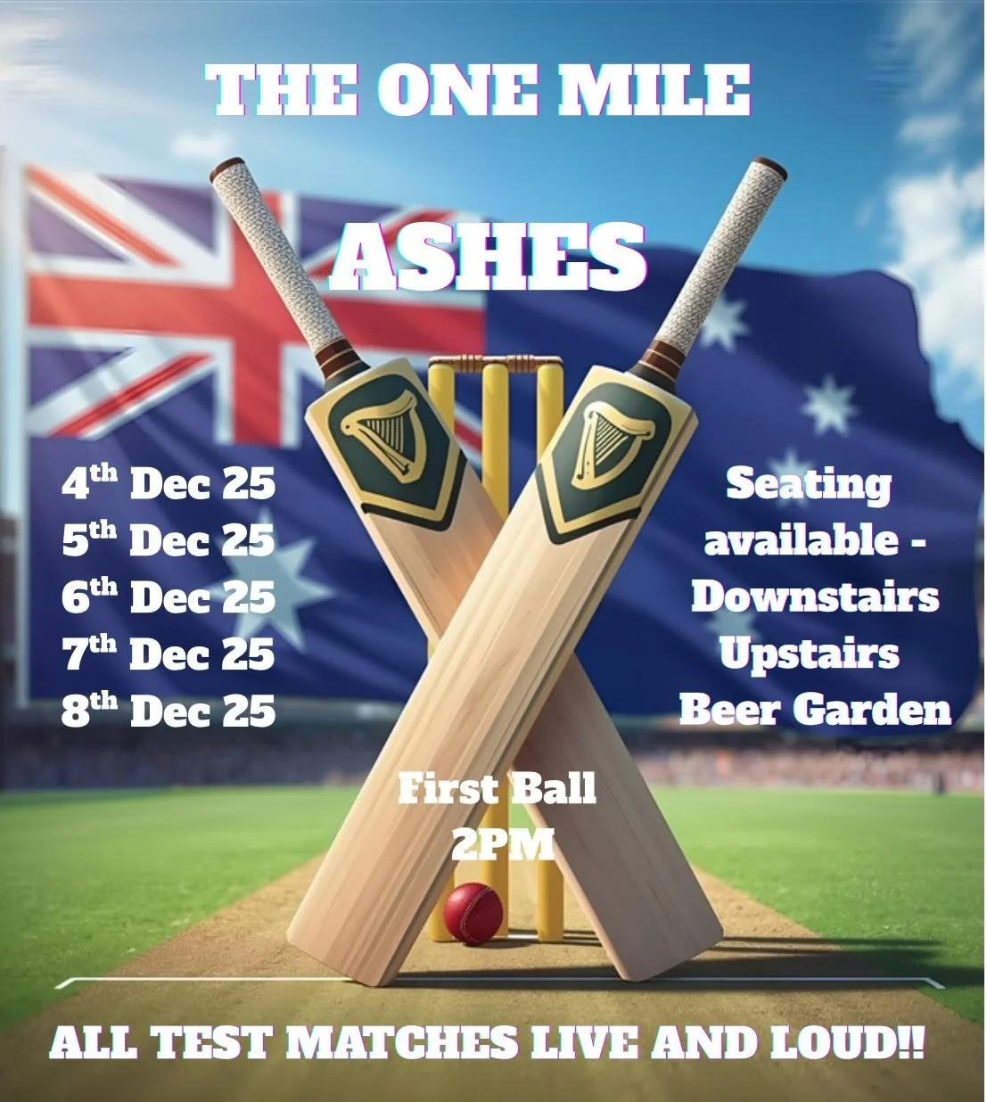 ASHES ARE ON!! 🏏🏏🏏🏏
Doors open 10am til Midnight during the cricket. Today&rsquo;s available seating - downstairs and beer gardens both front and back. Select menu available from 10am til late! 🍔 
Let&rsquo;s go Australia 🇦🇺🇦🇺🇦🇺🇦🇺🇦🇺