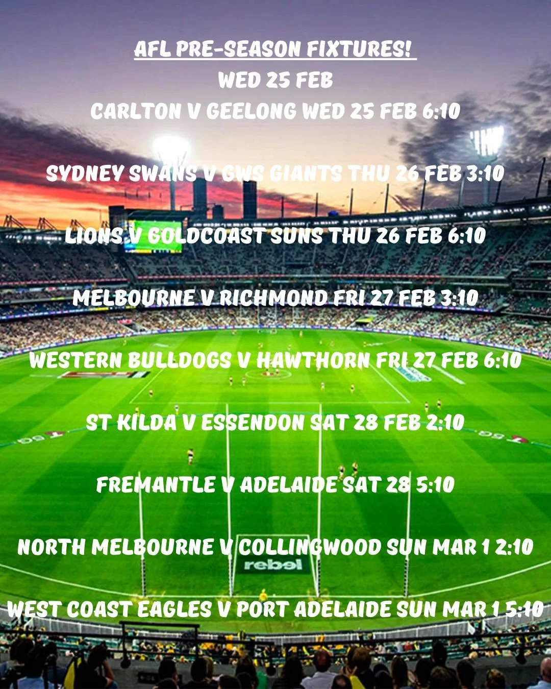 What&rsquo;s on this week!!
Tuesday Parmy&rsquo;s!
Wednesday Trivia 7pm start 🥇 
Thursday SPICEBAGS from 5pm!! + AFL pre-season Lions vs Gold Coast 6:10pm 
Friday knocks + Reds vs Highlanders 7:35pm 
Saturday Irish Breakfast 11am + Brumbies vs Blues