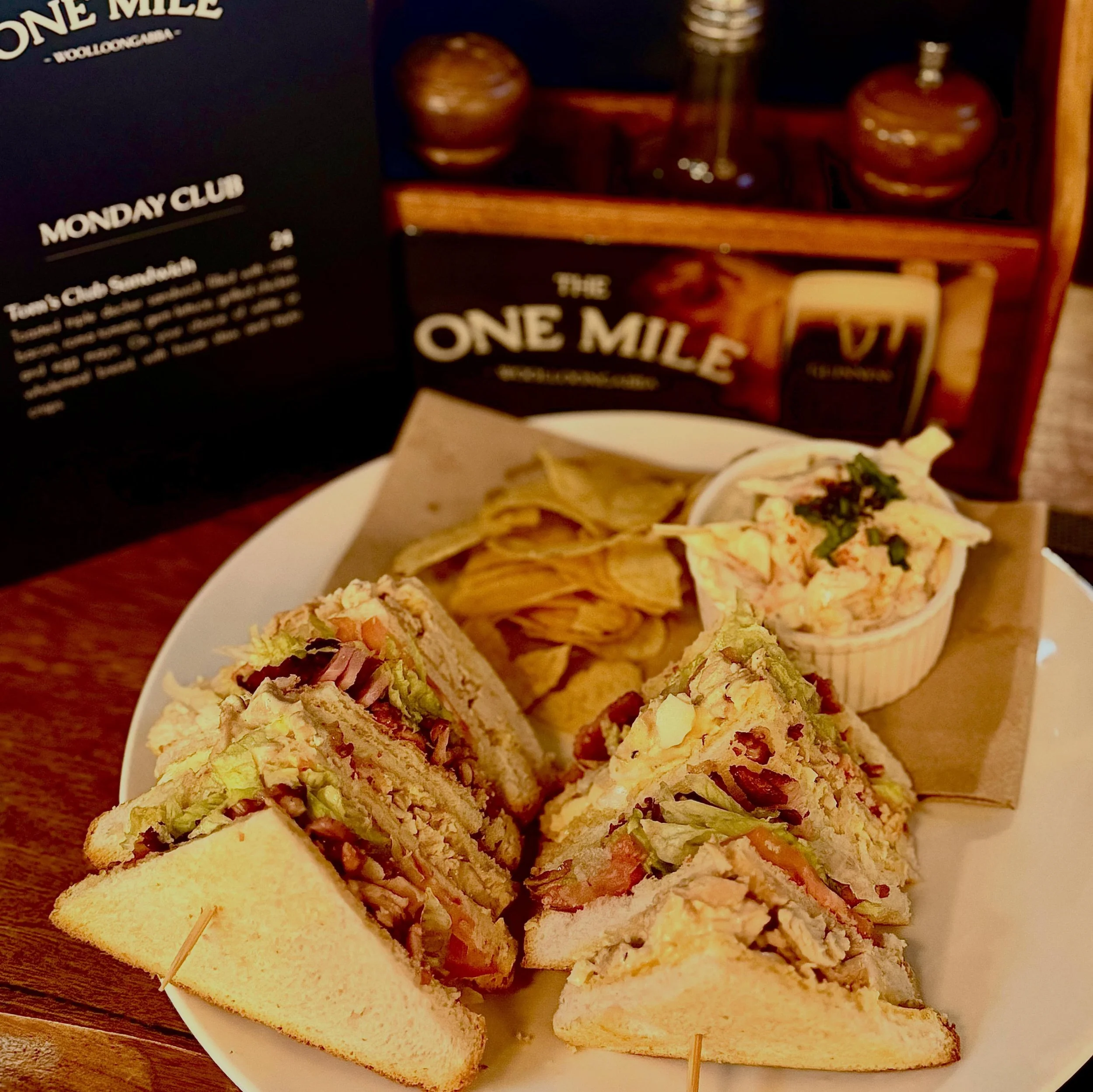 TOM&rsquo;s Club Sandwich with Tayto&rsquo;s &amp; creamy Coleslaw on the side, every Monday from Midday!! 🥪