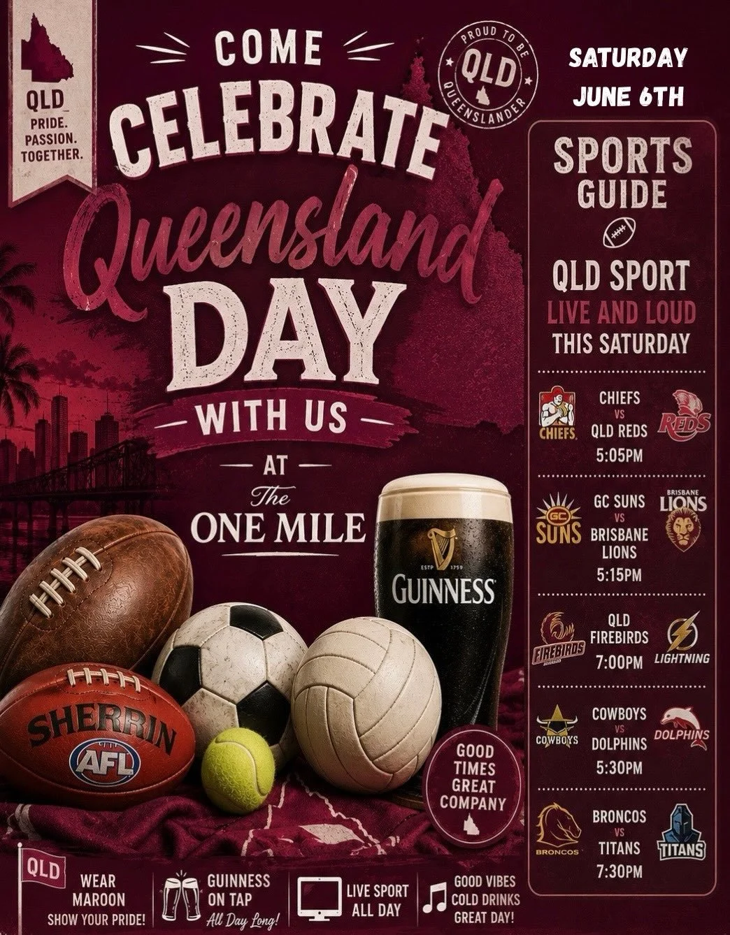 What&rsquo;s on this week!! 
Wednesday Trivia 🥇 + Afghani Chicken Curry 🍛 
Thursday 4 in 1 special 
Friday knock offs 🍻 
Saturday Irish Breakfast + QLD DAY!!! 
Qld sport live and loud!
Chiefs vs Qld Reds 5:05pm 
GC Suns vs Brisbane Lions 5:15pm
Co