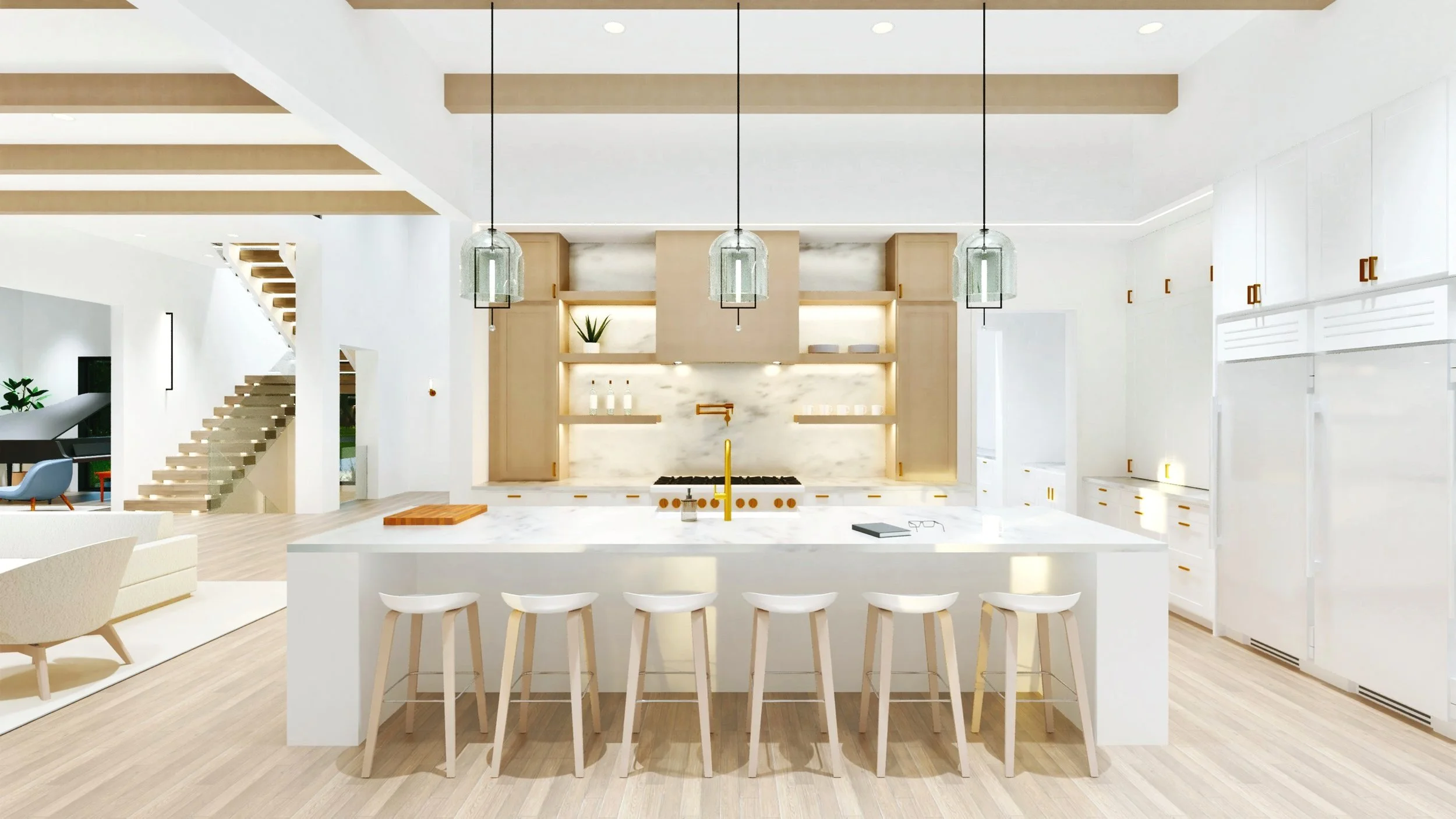 Coorlas Architecture modern luxury interior kitchen design, with natural oak cabinets, white marble countertops, with opening shelving and cove lighting. The kitchen has tall ceilings with wood beams and glass pendant lights above the kitchen island.