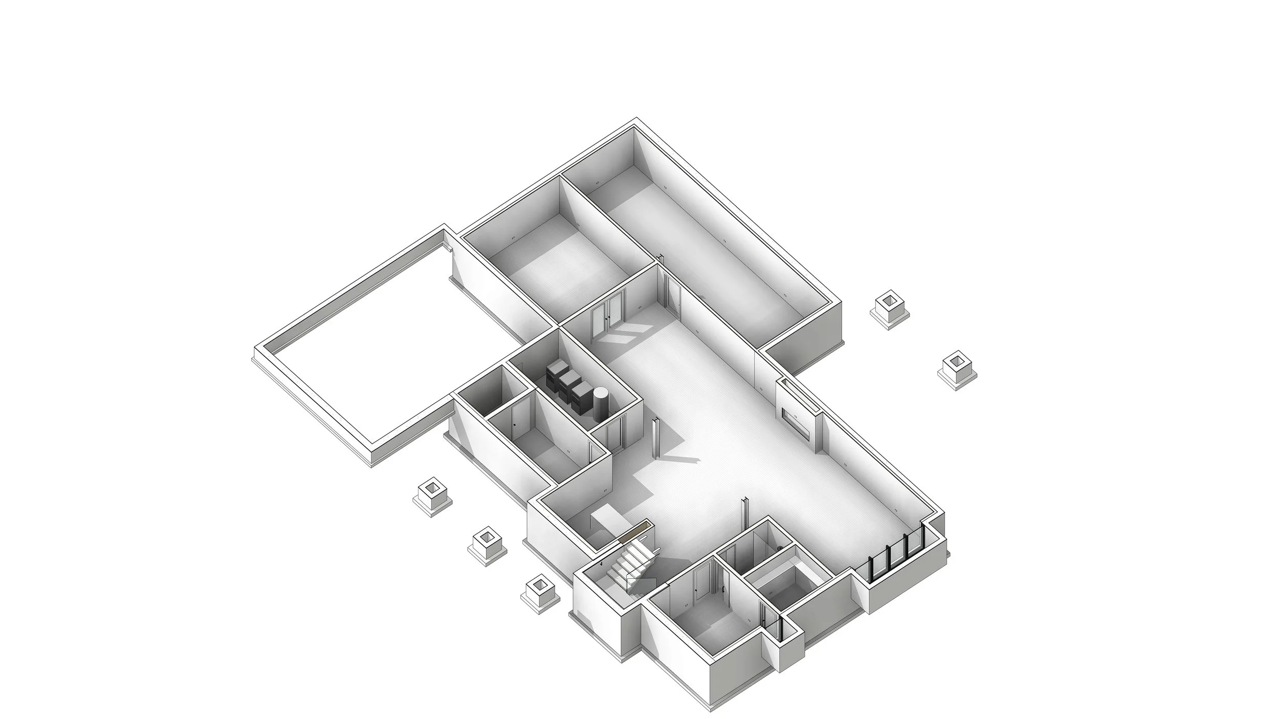 Coorlas Architecture 3D architectural floor plan illustration of a modern luxury home basement featuring a bar area, workout rooms, entertainment center and recreational areas.