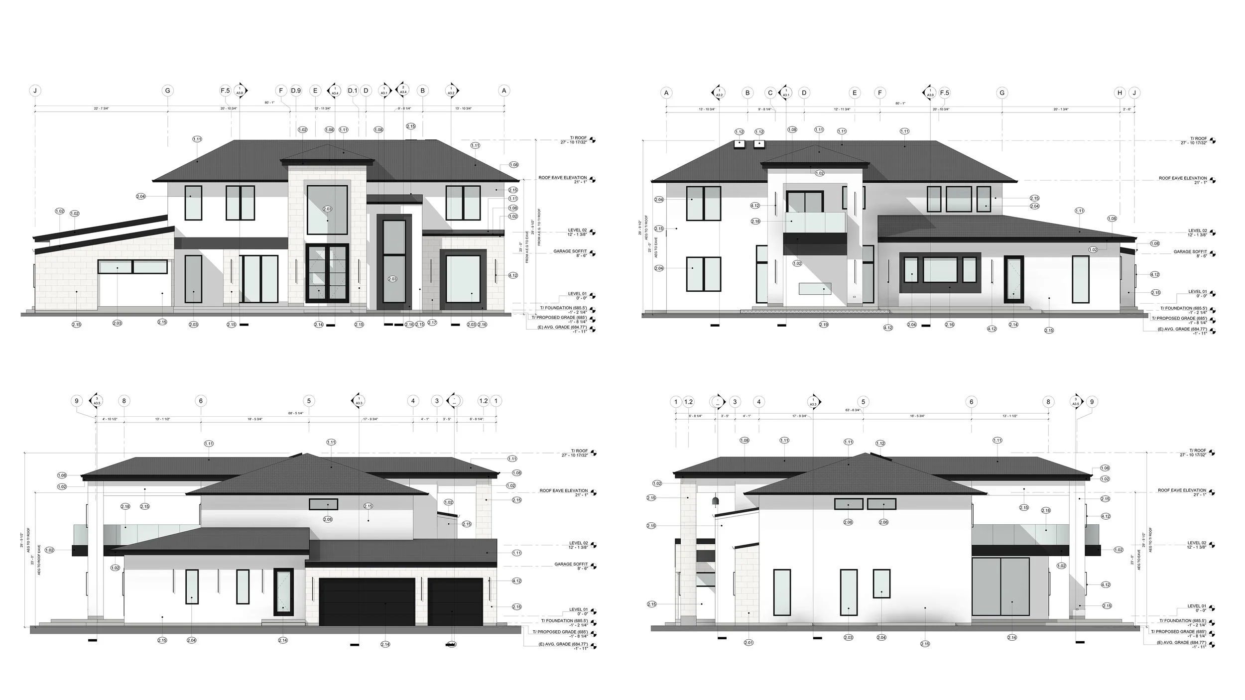 Coorlas Architecture colored elevation drawings, shaded with materials and shadows. The drawings show four elevations of a large modern contemporary home with large black windows, white stucco facade and a black roof.