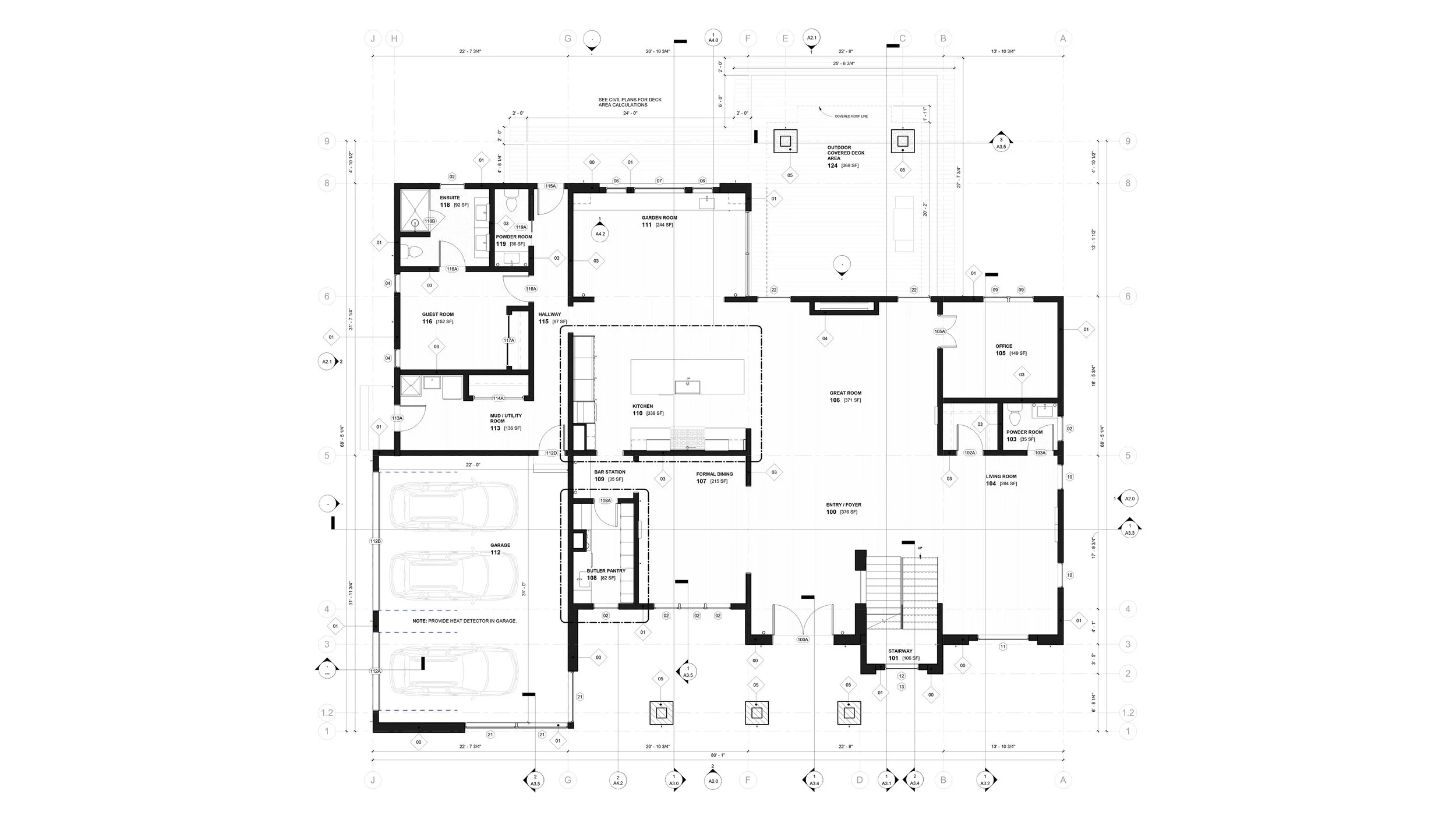 Coorlas Architecture architectural floor plans of a home layout, including rooms labeled garage, kitchen, great room, guest room, office, and outdoor deck. The plan includes measurements, labels, and layout details.
