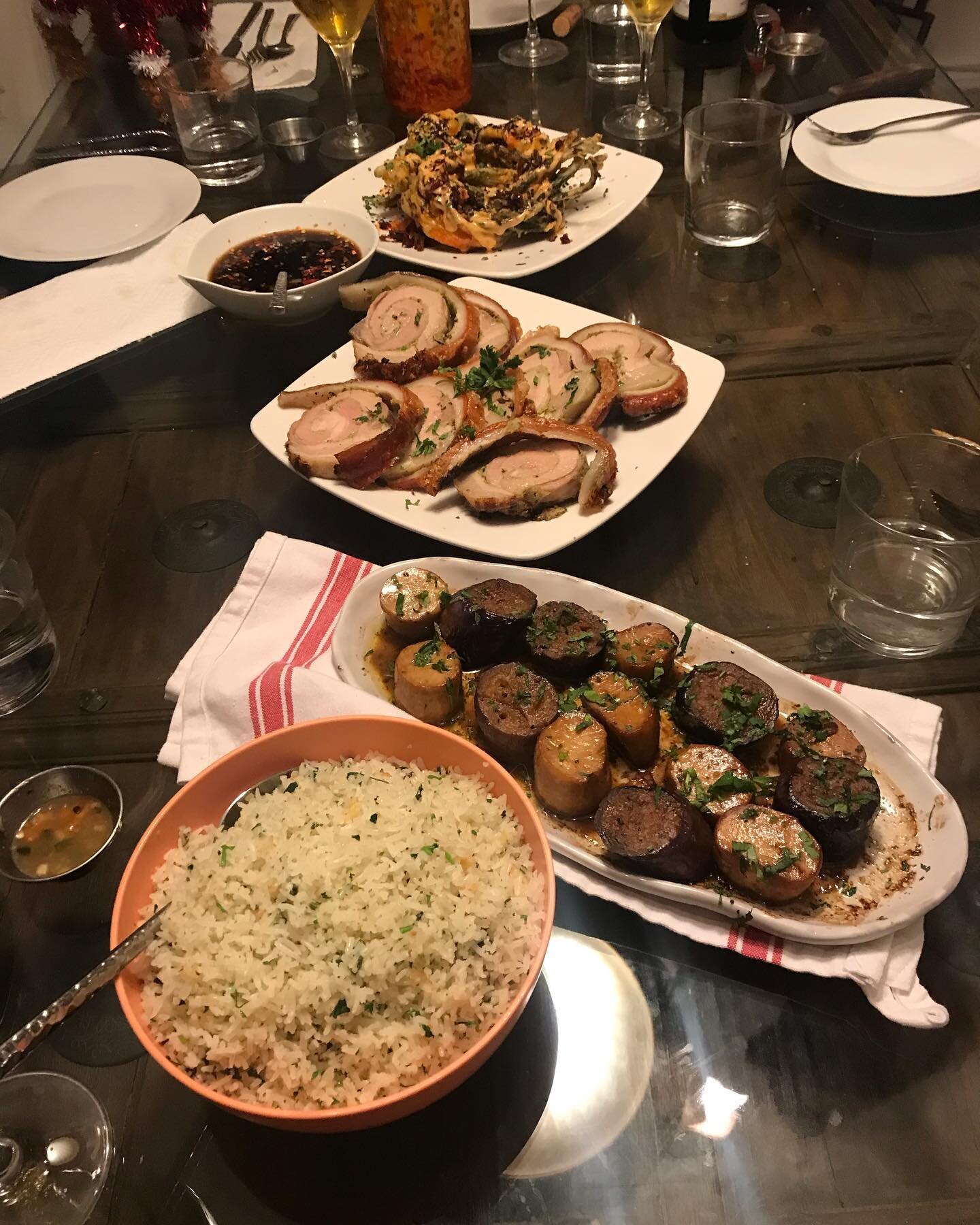 Noche Buena Main Course:DJ-Style Lech&oacute;n, Traditional Filipino Dipping Sauce; Long Beans Tempura, XO Sauce; Plancha-Seared then Roasted King  Mushroom and Eggplant Medallions, Soy and Rice Vinegar basting Marinade; Wok-Stir Fried Cilantro and G