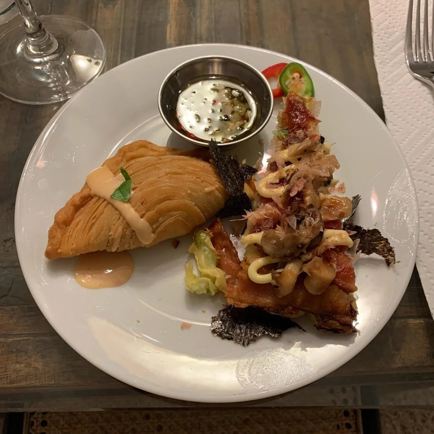 Noche Buena with our family in our Vegas home: men&uacute;:
Okonomiyaki; Singapore Curry Puffs with Pickled Cucumber and Chiles; South Indian Coconut Seafood Soup/Stew