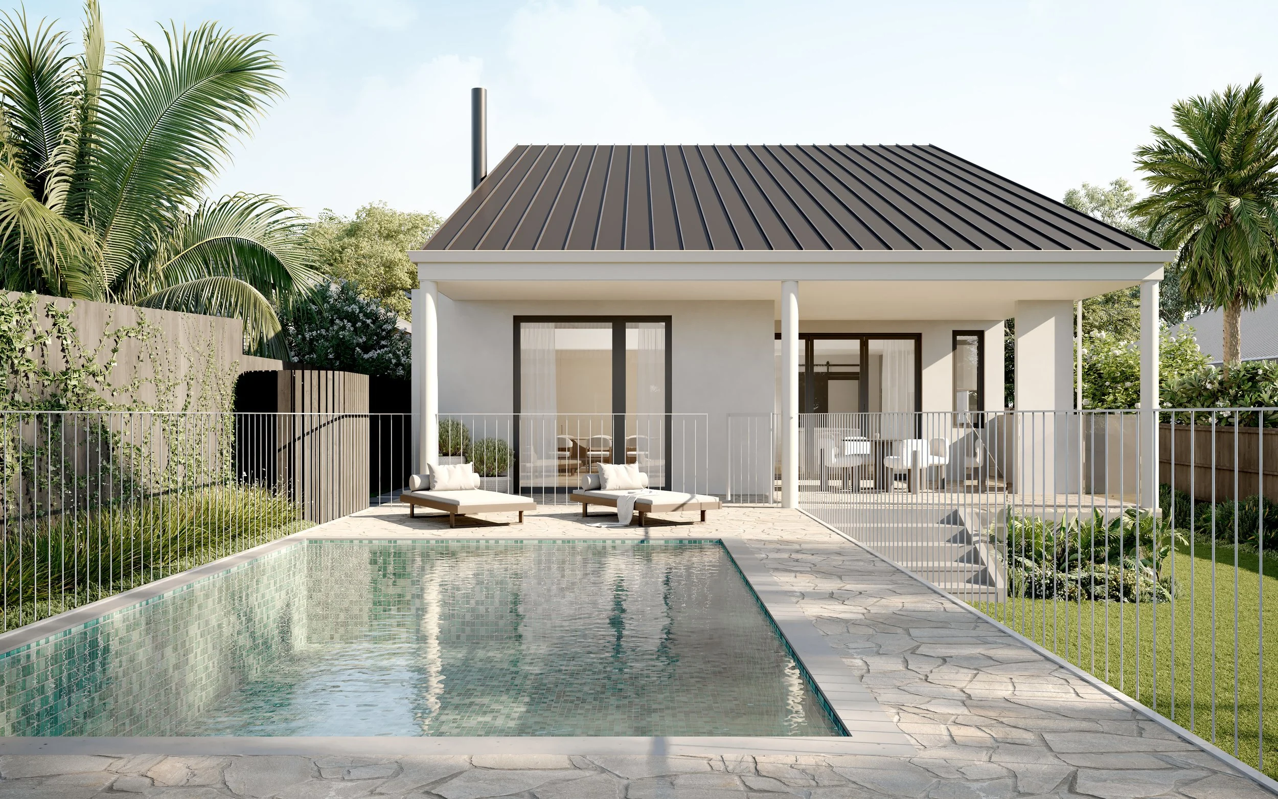 Rear exterior of the Mordialloc knockdown rebuild with pool and patio