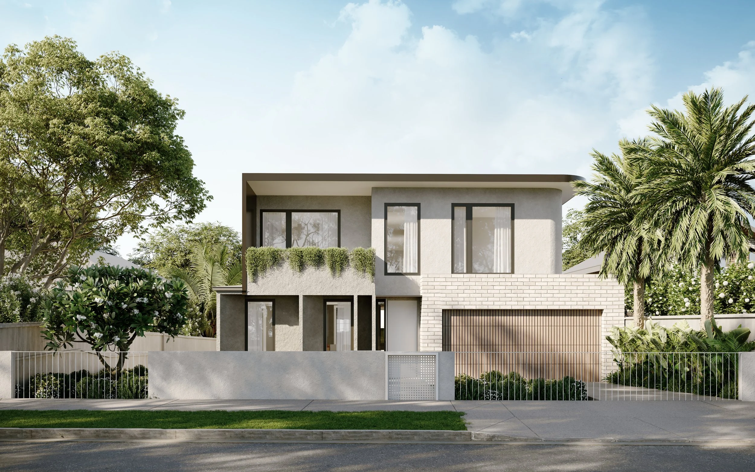 Front exterior of the Mordialloc knockdown rebuild — rammed-earth family home under construction