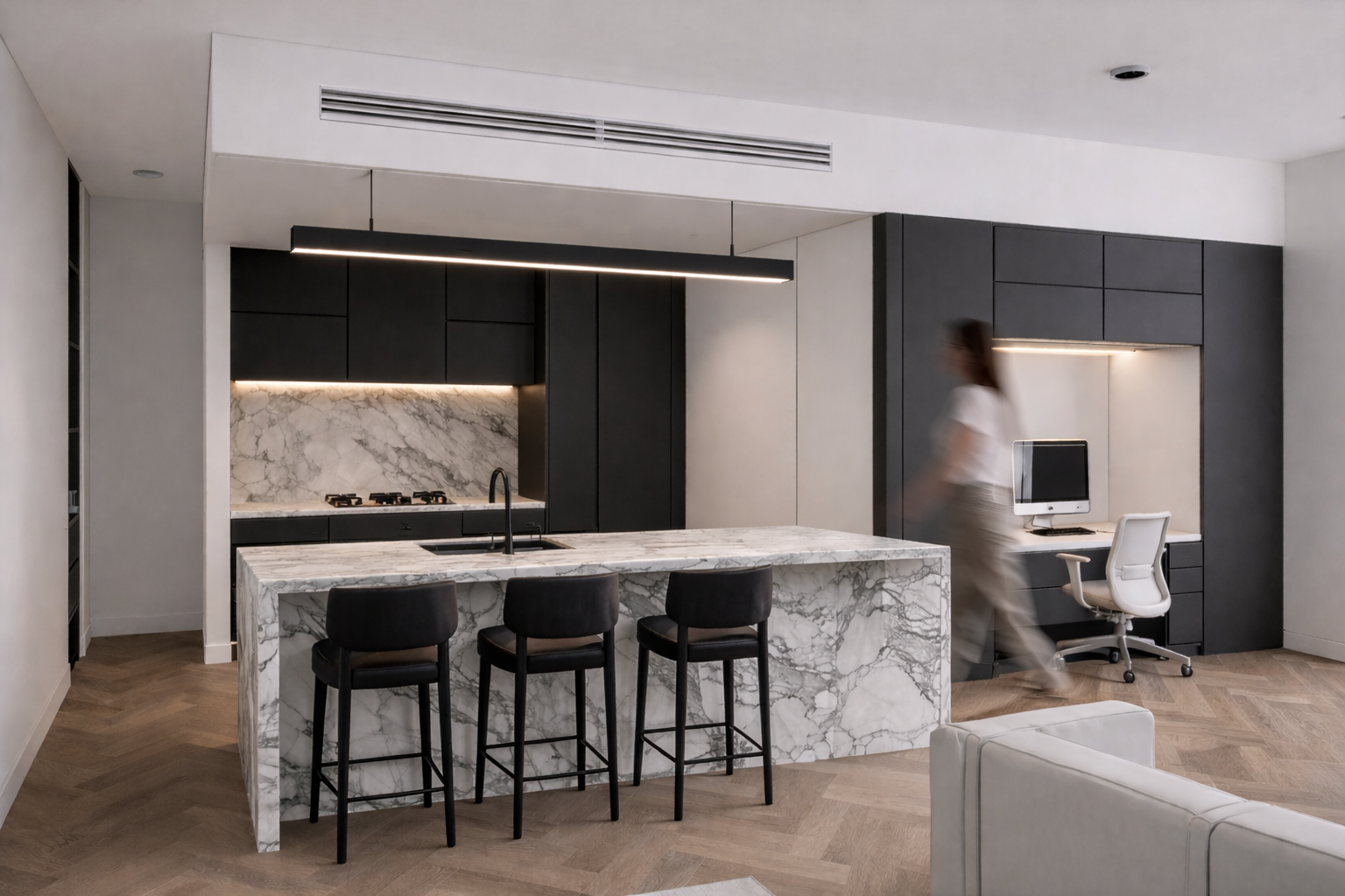 3D render of a modern kitchen renovation concept for a Southbank apartment