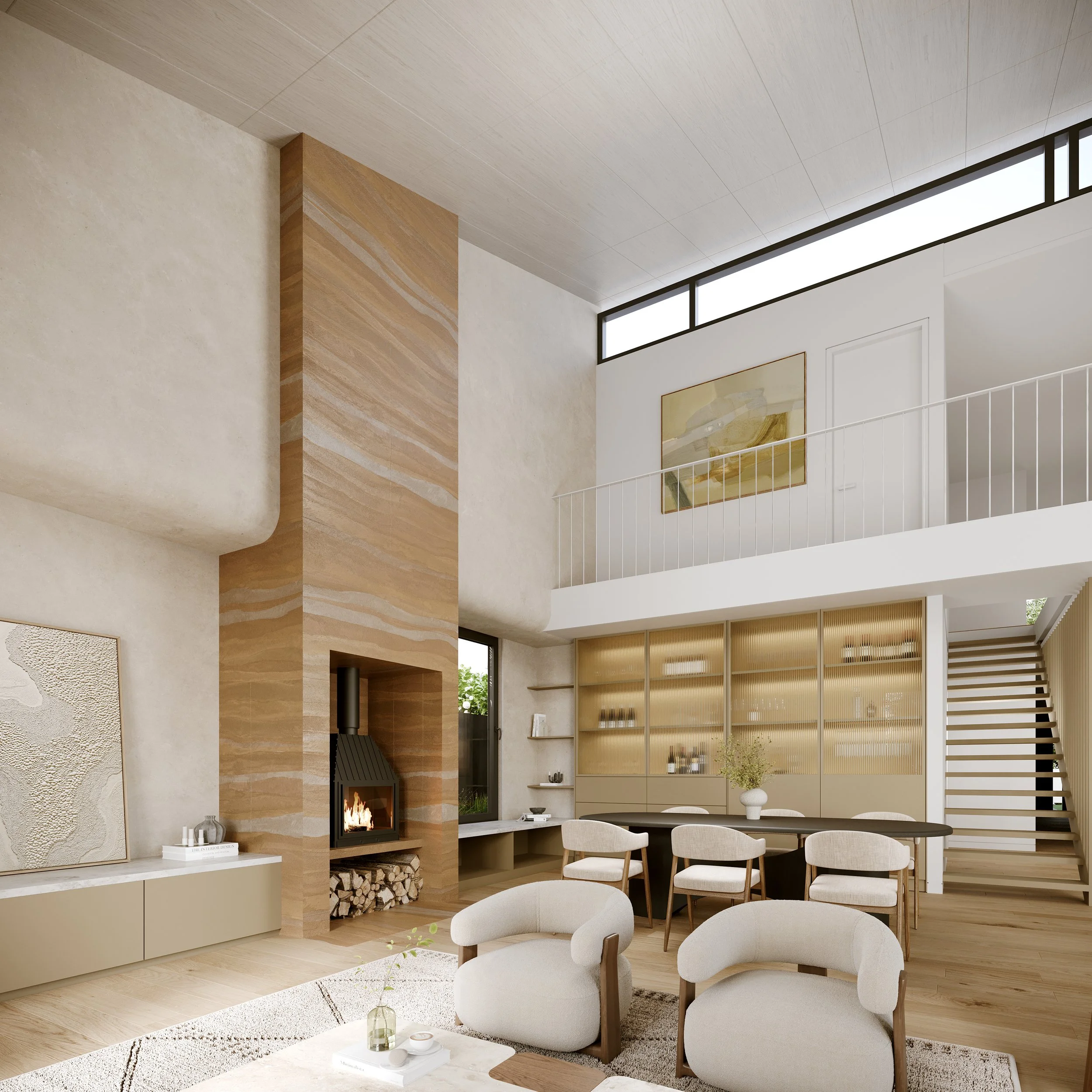 Interior living space of the Mordialloc knockdown rebuild with rammed-earth fireplace