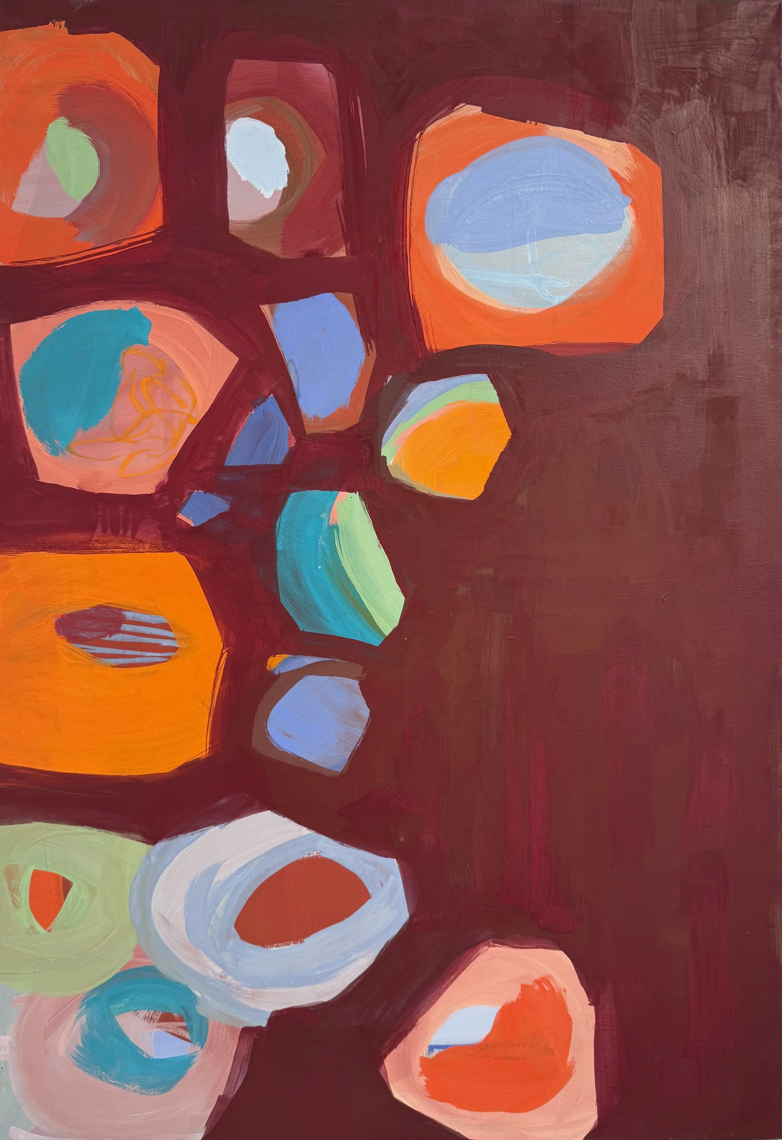 "Treiben im Weinrot", 100x70 cm, Eitempera, 2026
