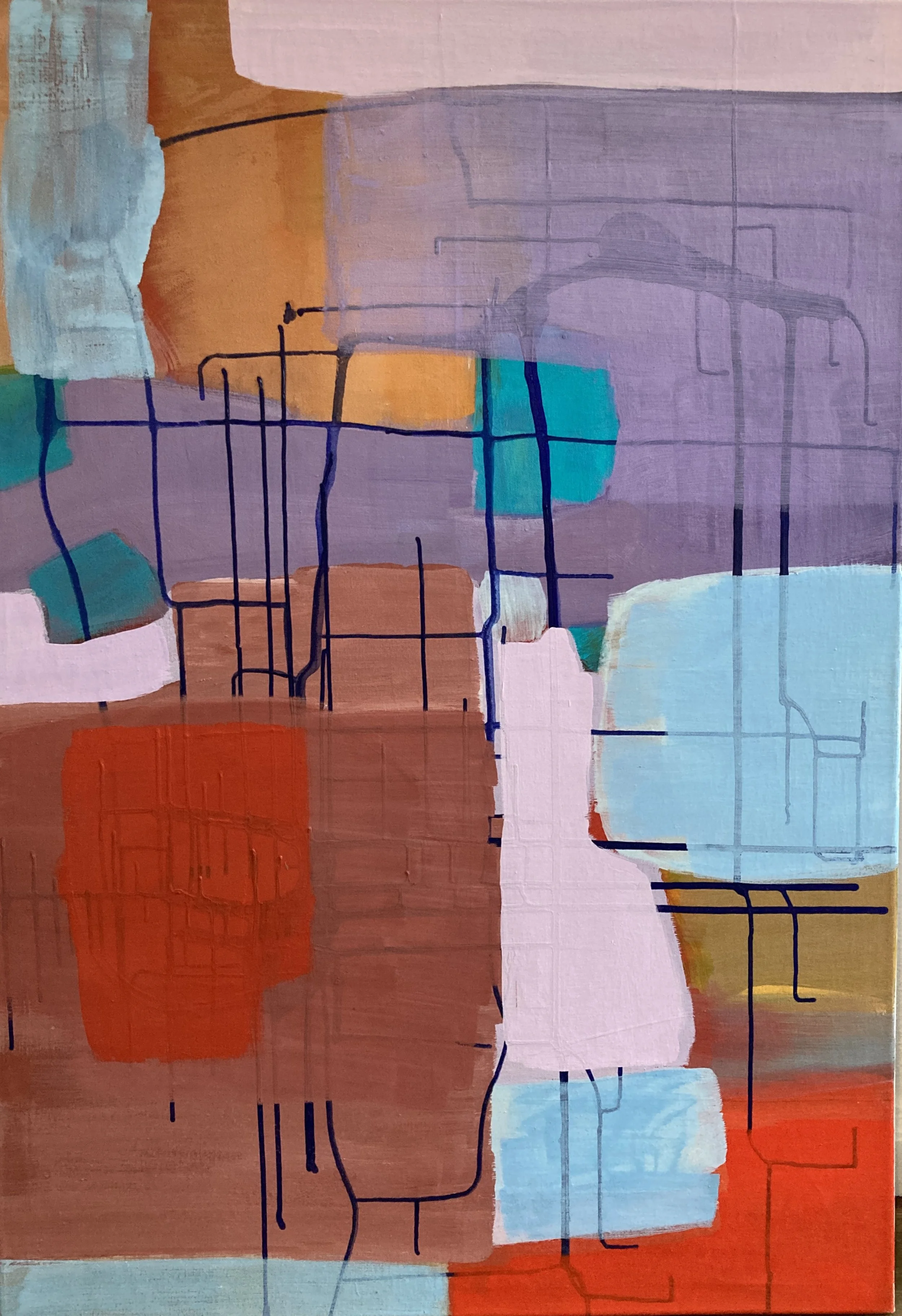 "Gitter in Blau", 100x70 cm, Eitempera, 2024