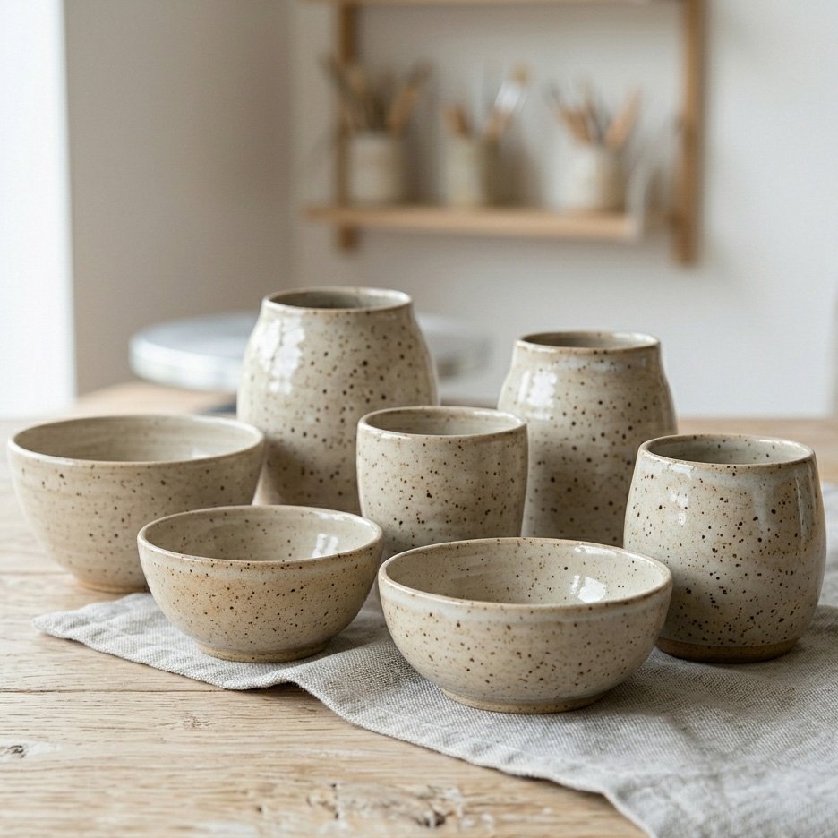 A collection of handmade ceramic cups, bowls, and vases made from speckled B-mix clay with a glossy clear glaze finish, sitting on a rustic wooden pottery studio table.