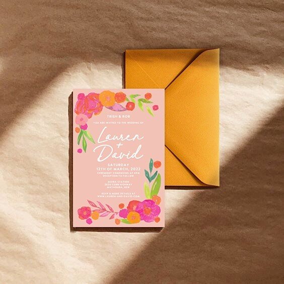 A bit of colour for Loz &amp; Dave. This was such a fun project and all Loz needed was colour! We created save the dates, invites with @peterkinpaper envelopes, a website and stubby holders all matching back to the invites. 

This was designed while 