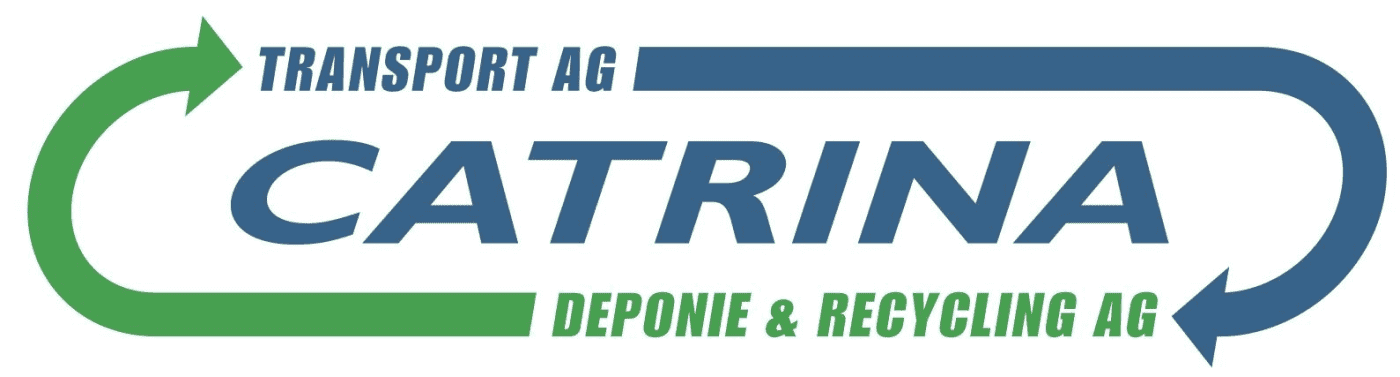 Logo der Firma CATRINA, spezialisiert auf Transport, Deponie und Recycling, mit grünen und blauen Pfeilen.