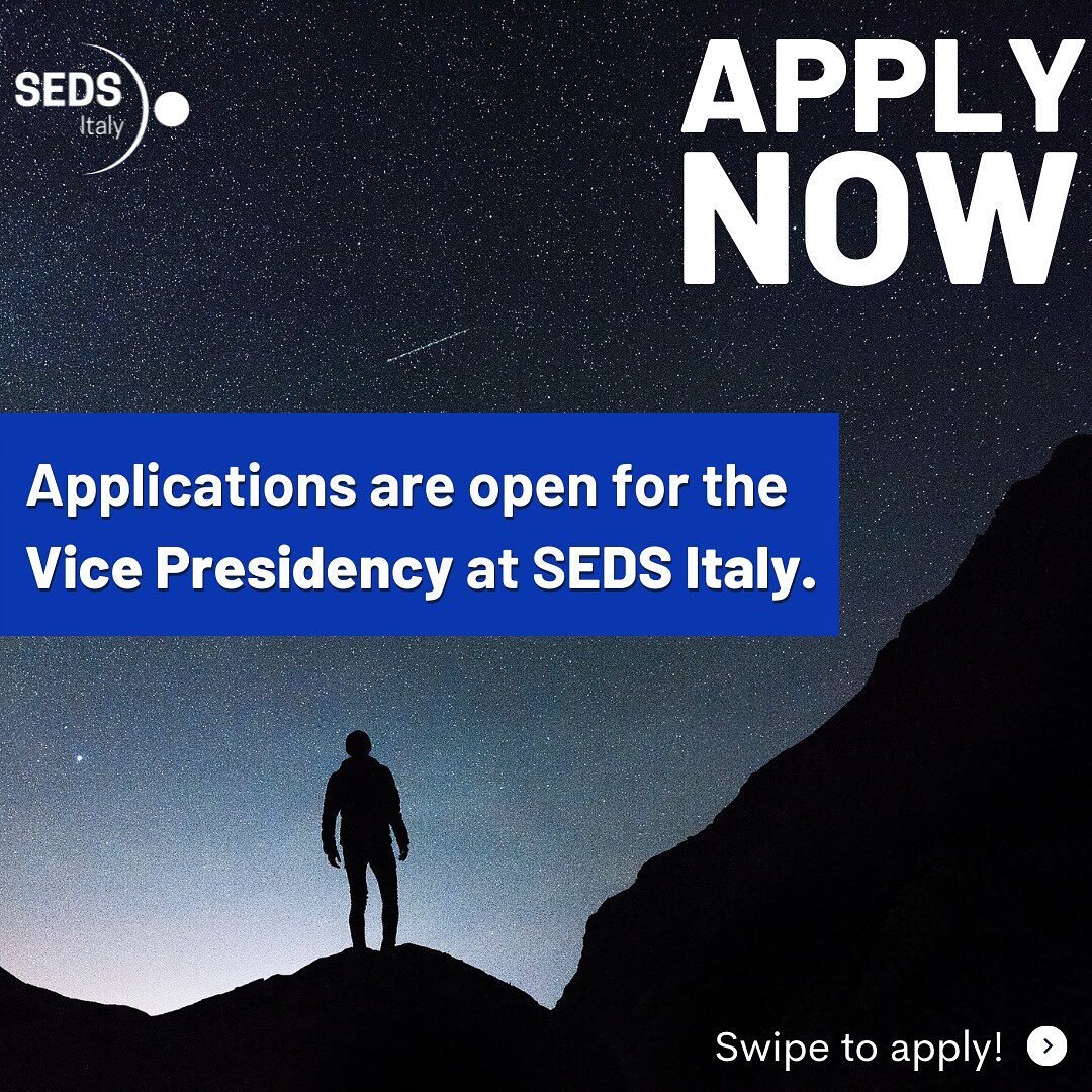 NEWS: applications open for VICE PRESIDENCY at SEDS Italy.

All members of the community can apply! 
Swipe for further information🚀

The link for the application form is accessible from our link tree and can also be seen below 💫

https://www.sedsit