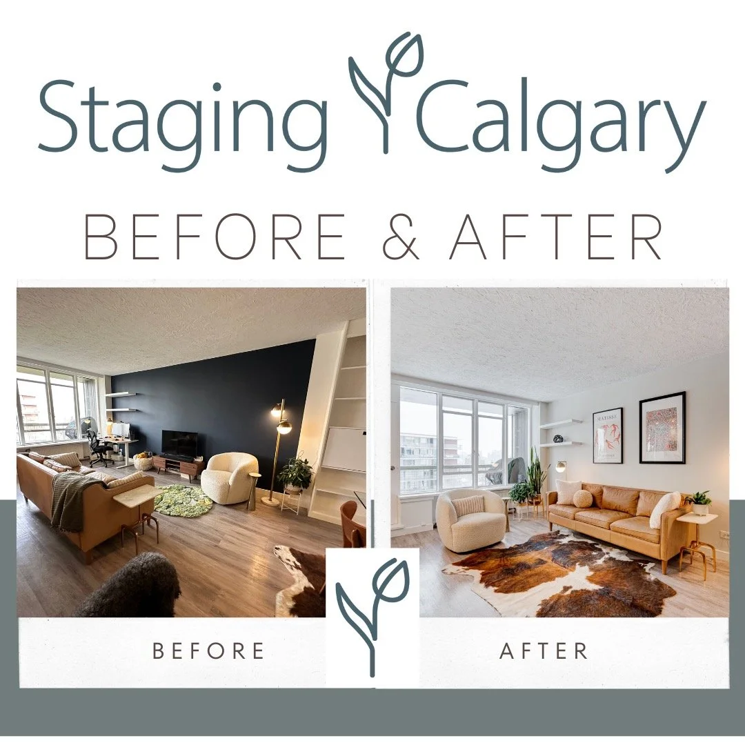 Before and after of a beautiful condo in the SW of Calgary. Walking in the unit felt so dark as the owners painted some walls black and added a lot of artwork. 

Often we see living rooms focussed on the TV which is harder to photograph for listing p