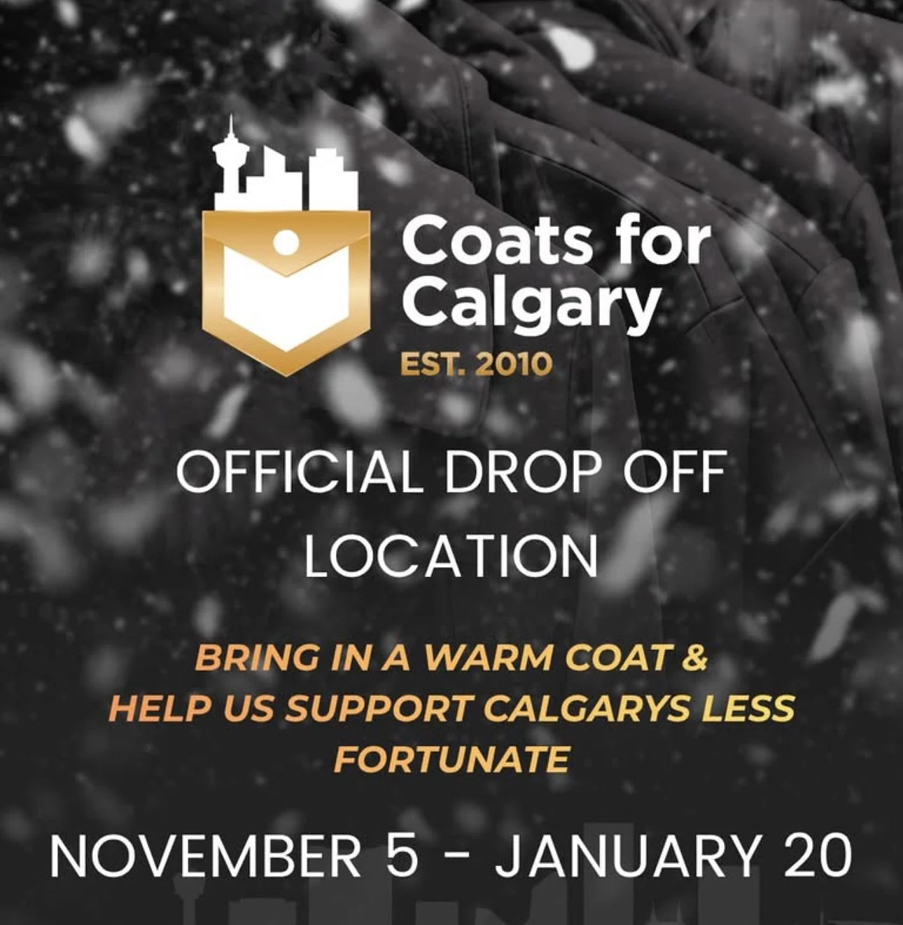 Coats for Calgary has started their annual winter coat collection

The focus of this collections is warm and clean winter coats of all sizes and genders for the Calgary Drop In center. We also will accept  mittens, scarfs, winter pants and boots. To 