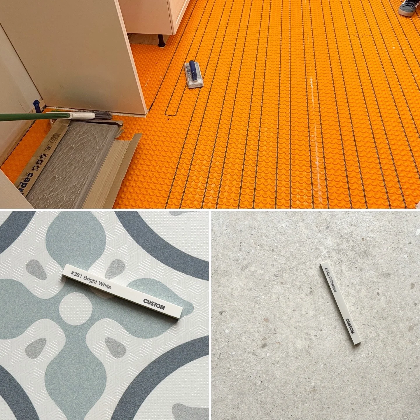 In-floor heating, new tiles selected, grout colors selected. All is ready! 

I can&rsquo;t wait to see this kitchen transformation in Silver springs! 

From dark to light and by adding some color and interest, this client will really enjoy cooking in