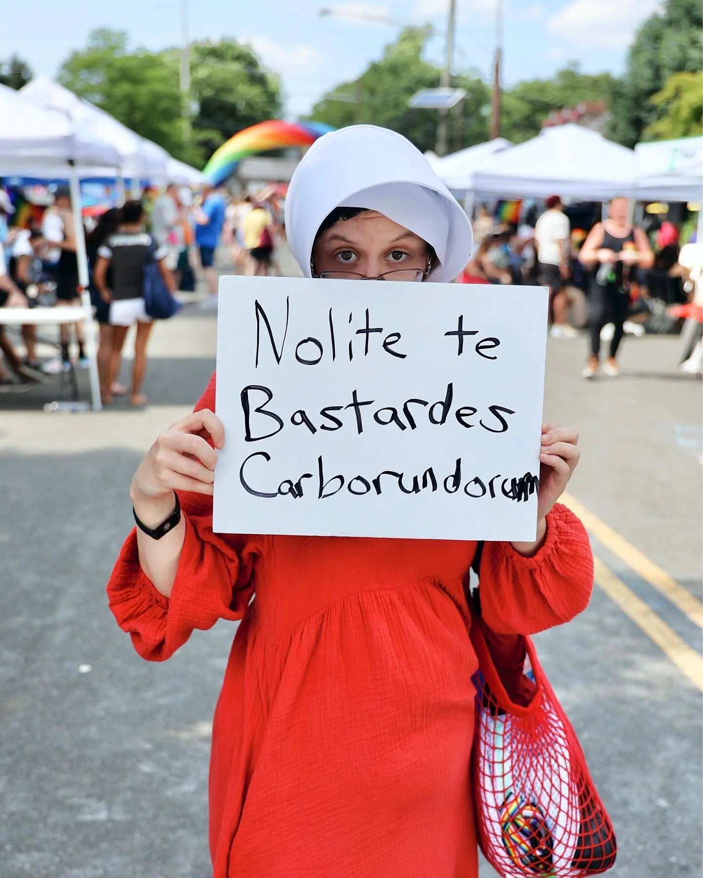 I met Barbara Brown protesting the Roe v Wade decision in Fair Lawn, NJ. She said she dressed up like the Handmaiden because she felt like the country was going back to that time. #roevwadeoverturned #roevwade #protest #handmaidstale #streetportrait 