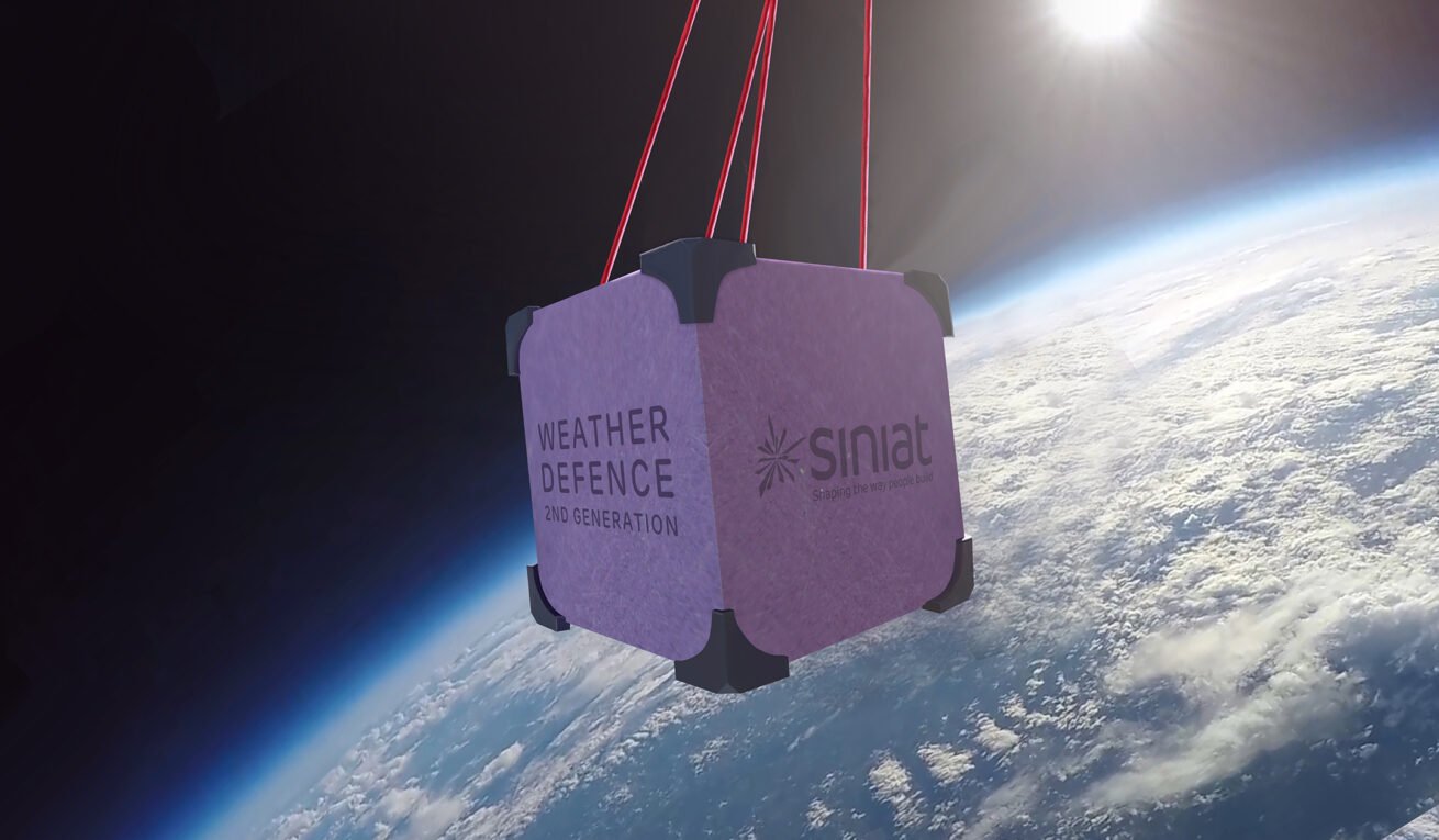 A satellite with purple sides labeled 'Weather Defense 2nd Generation' and 'SInat' is floating above Earth with cloud cover and the horizon visible in the background.