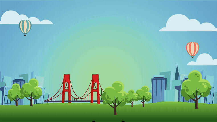 Illustration of Parker the dog for Bristol Animal Rescue Centre featuring a city park with a red bridge, green trees, skyscrapers, and hot air balloons in the sky.