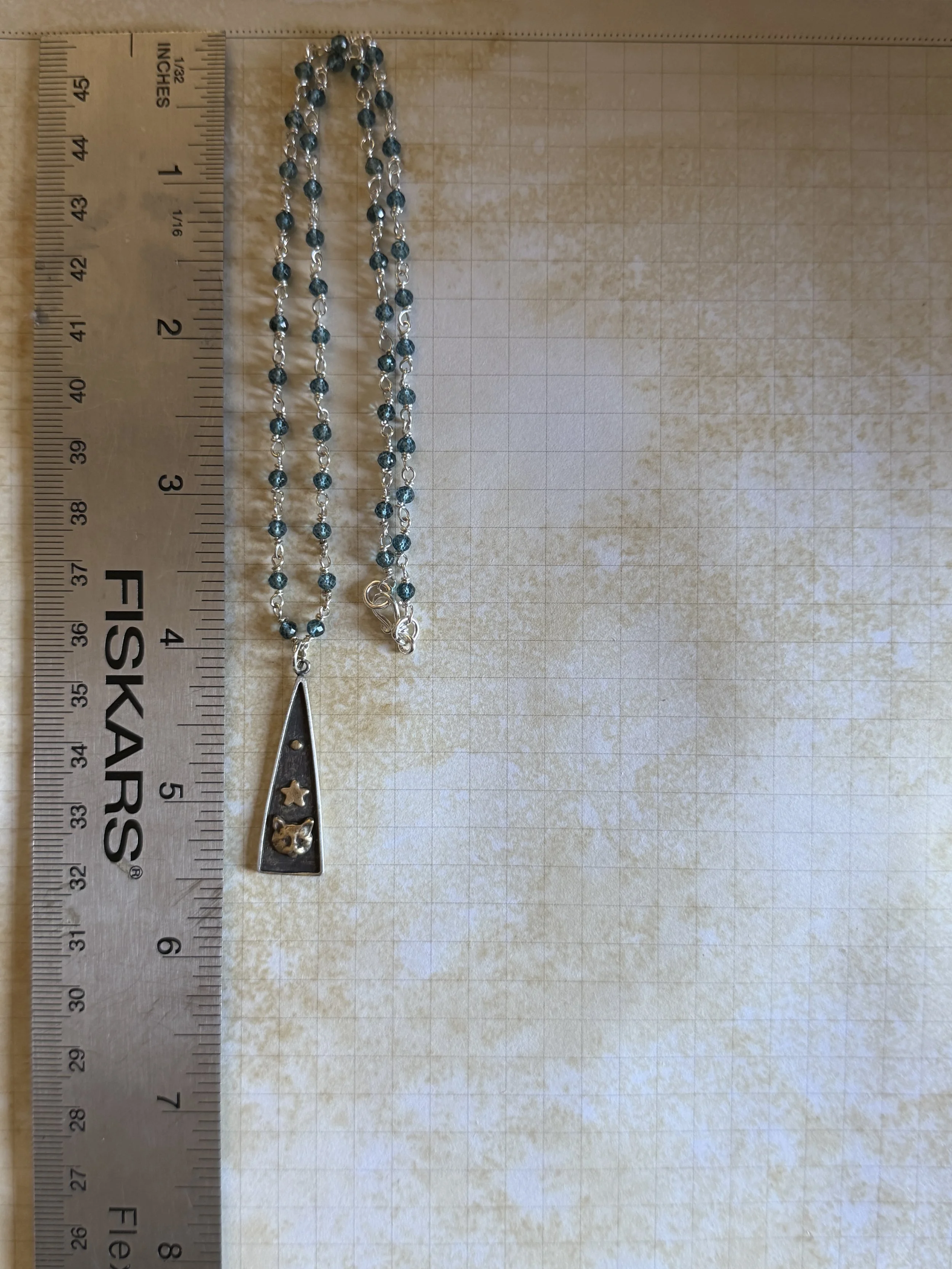 Cat Magic Long Triangle Pendant on Blue Quartz Wrap Chain