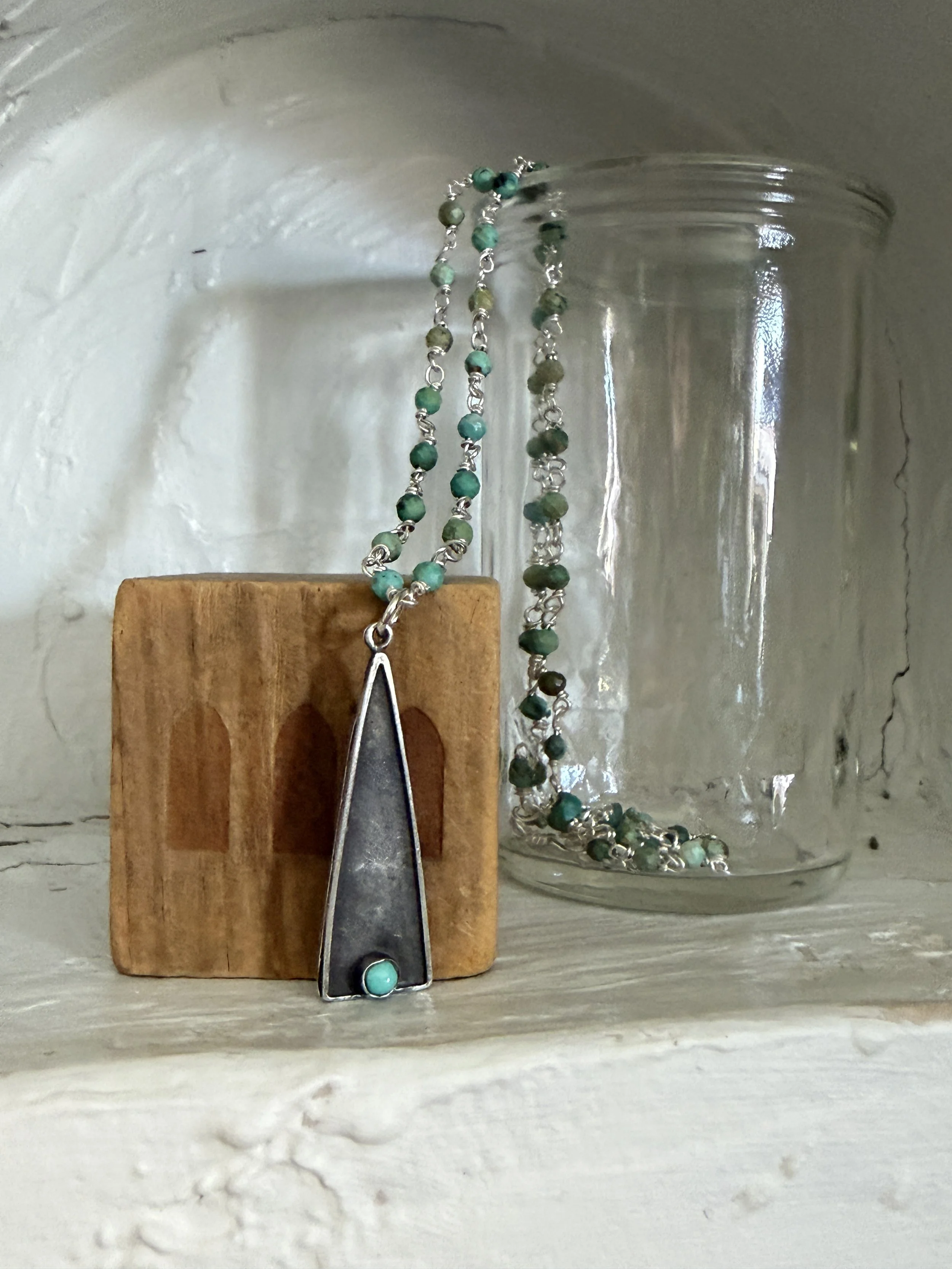 Long Triangle Turquoise Pendant on Turquoise Wire Wrap Chain