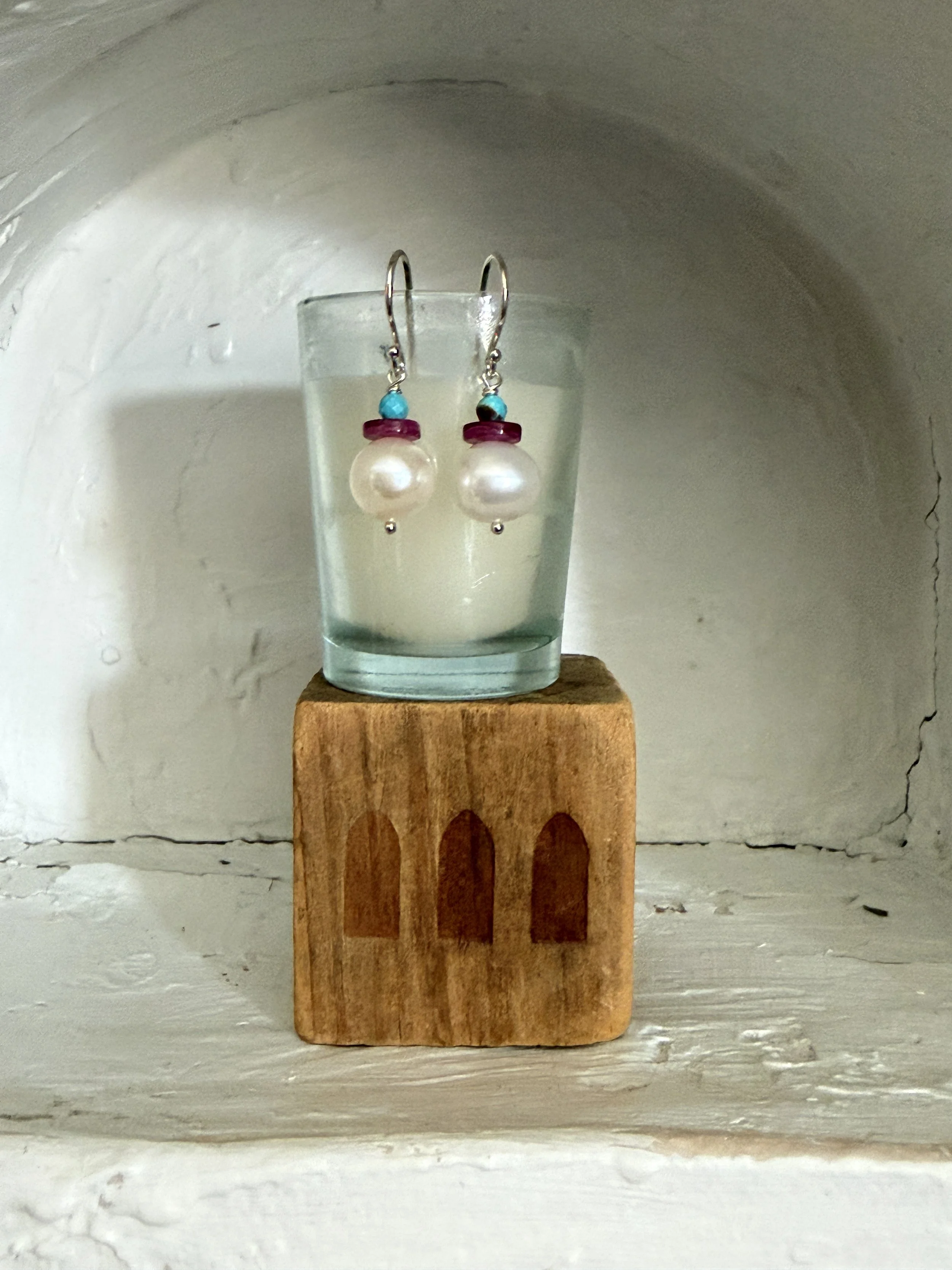 Pearl, Ruby & Turquoise Trio Earrings