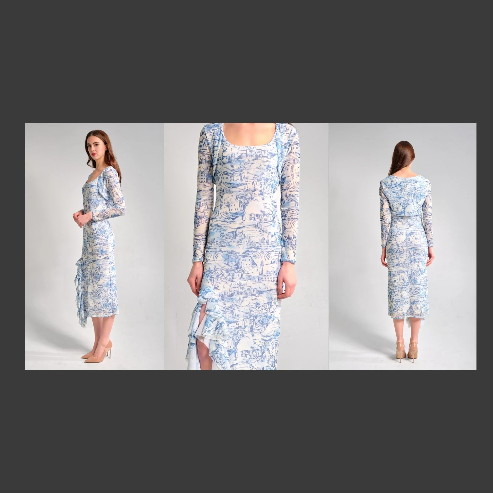 A female model in a white and blue patterned dress with long sleeves, standing against a plain light gray background, shown from three angles (side, front, back).