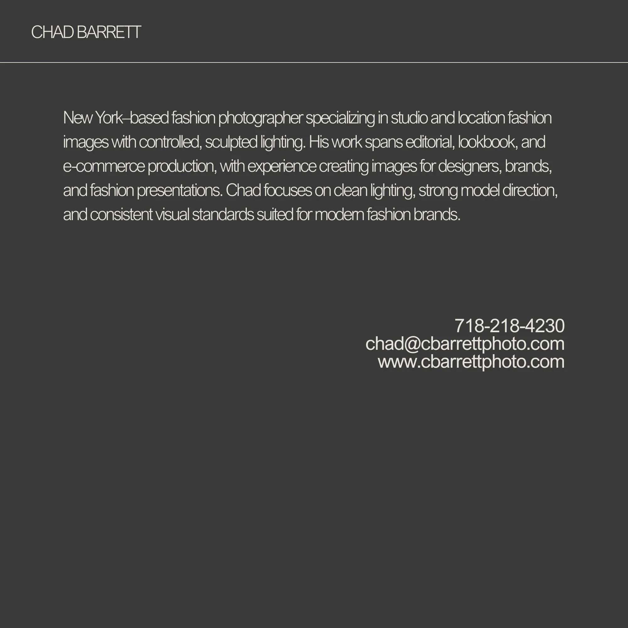 Business card for Chad Barrett, a fashion photographer based in New York. The card includes a description of his work, contact information, and website.