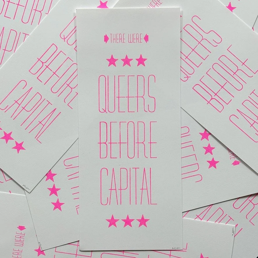 Here's riso version of these little prints I made quite a while ago! As we start to slowly move toward the season of rainbow capitalism, a reminder that queers existed long before capitalism &amp; that it is radical to stay motivated by love instead 